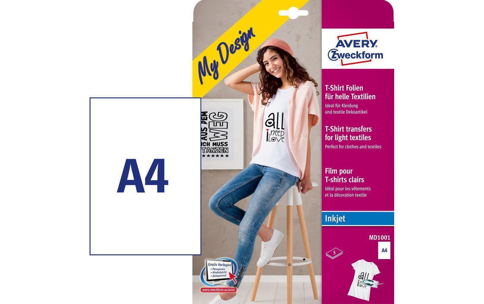 Avery Zweckform Aufbügelfolie Avery Inkjet, für weisse/helle Textilien Avery Zweckform Aufbügelfolie Avery Inkjet, für weisse/helle Textilien