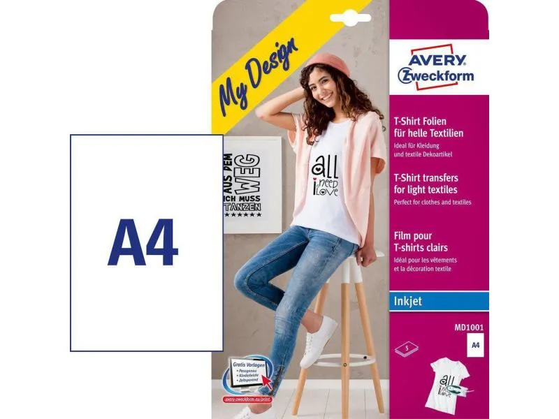 Avery Zweckform Aufbügelfolie Avery Inkjet, für weisse/helle Textilien Avery Zweckform Aufbügelfolie Avery Inkjet, für weisse/helle Textilien