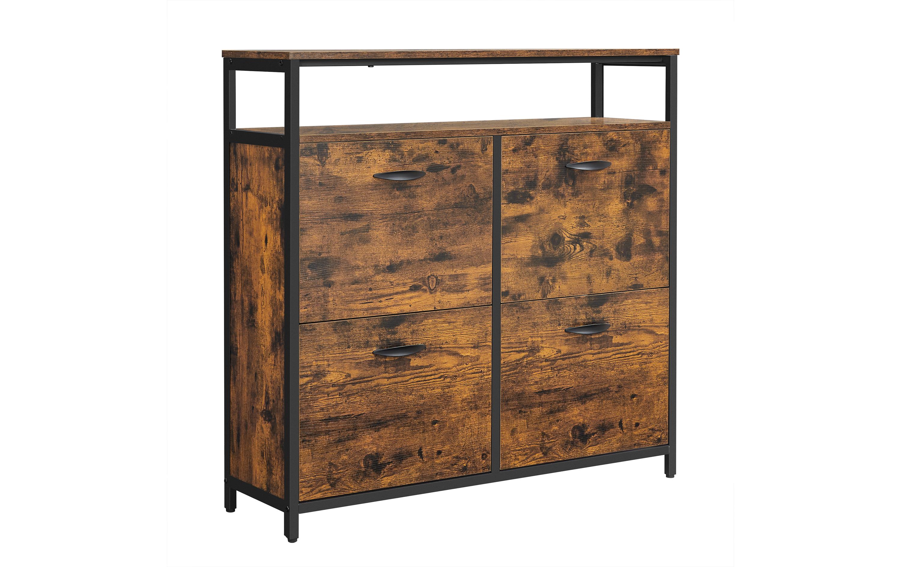 VASAGLE Schuhschrank mit 4 Klappen 95 x 98.3 cm, Braun/Schwarz