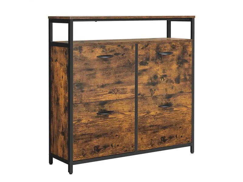 VASAGLE Schuhschrank mit 4 Klappen 95 x 98.3 cm, Braun/Schwarz