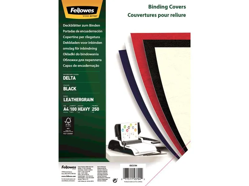 Fellowes Einbanddeckel Lederstruktur A4, 250 g/m², 100 Stück, Schwarz Fellowes Einbanddeckel Lederstruktur A4, 250 g/m², 100 Stück, Schwarz