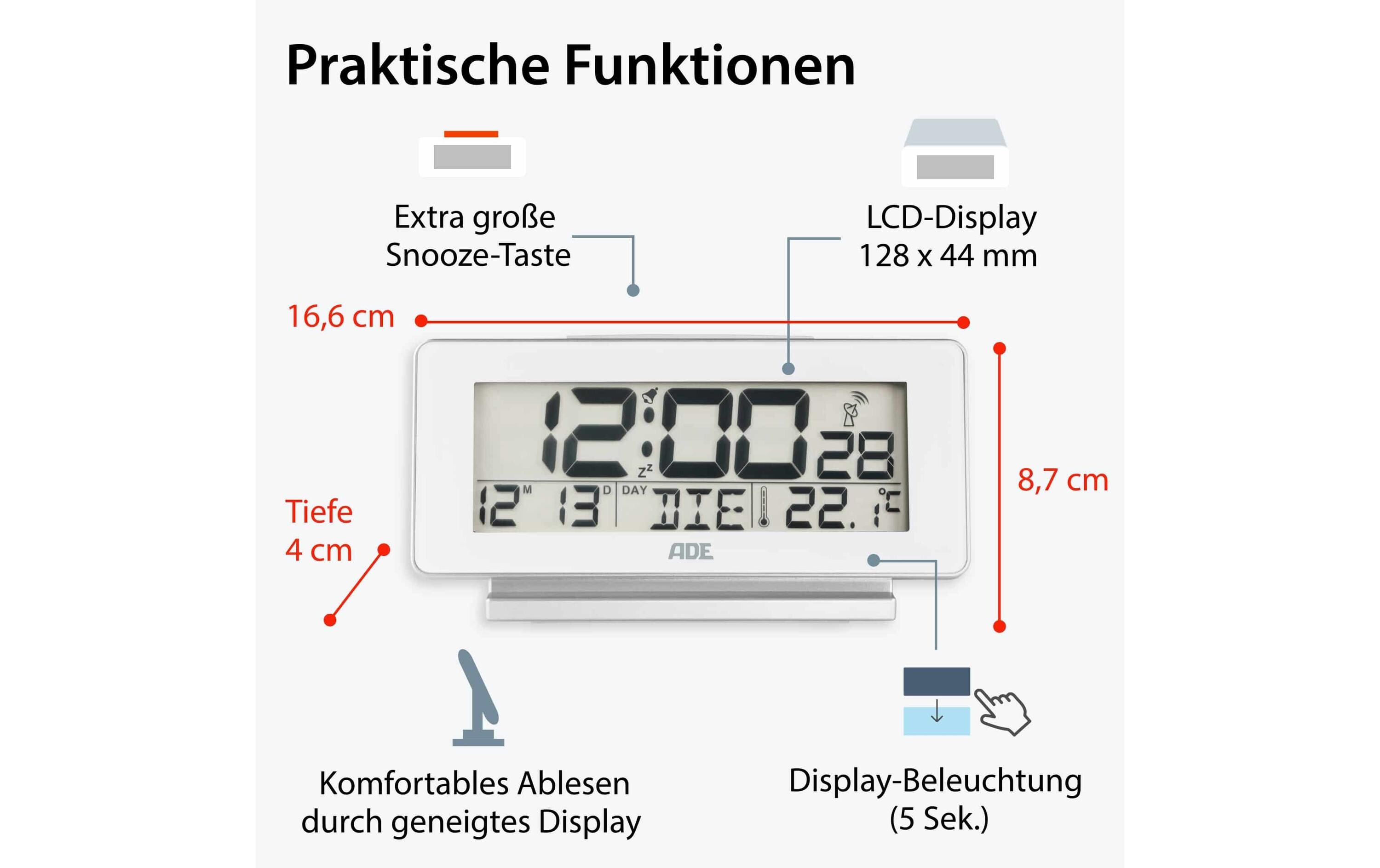 ADE Funkwecker mit Temperatur und Datumsanzeige, Weiss