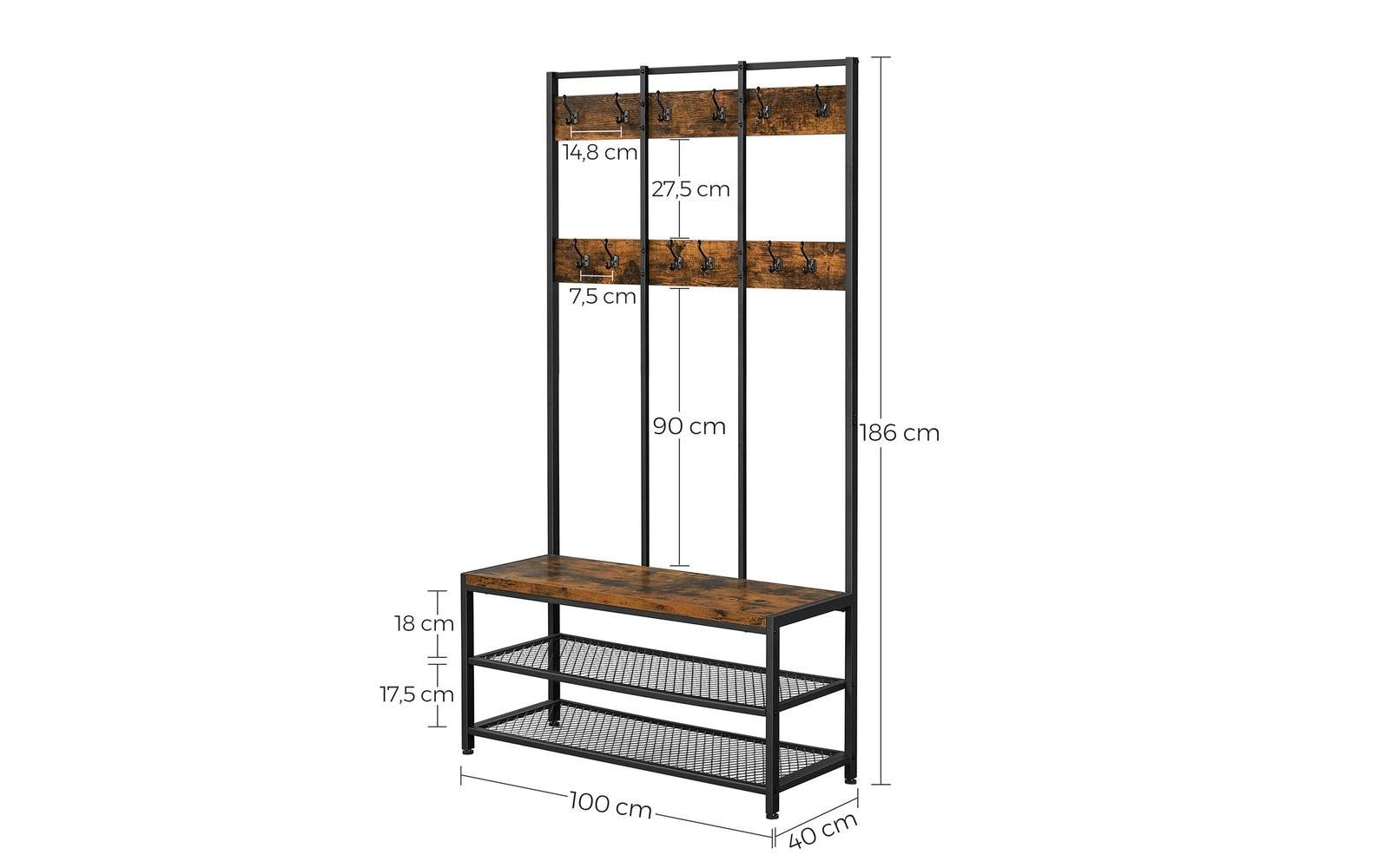 VASAGLE Wandgarderobe 100 cm x 184 cm, Braun/Schwarz