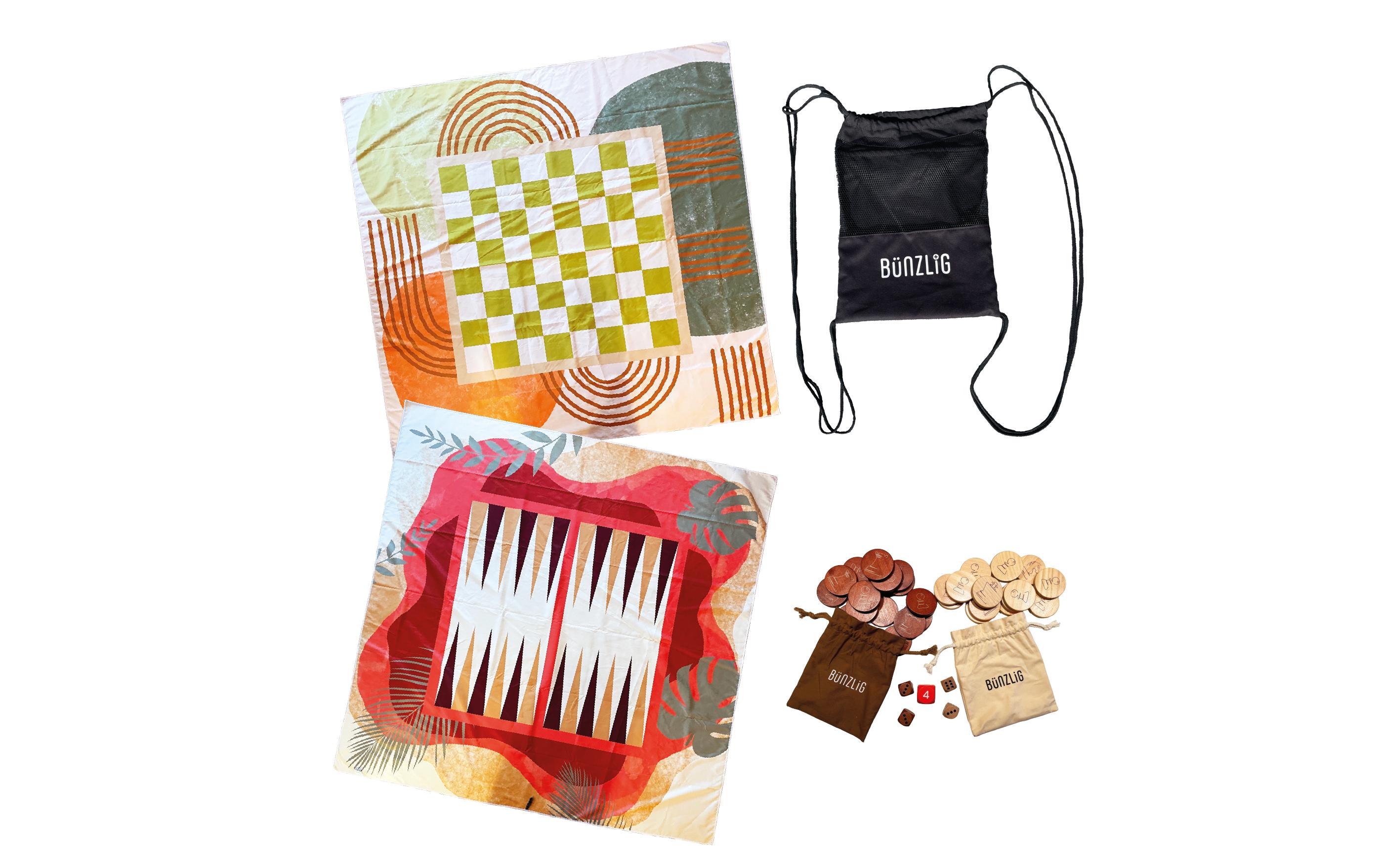 Bünzlig Dog Familienspiel-Set «Backgammon, Dame und Schach»