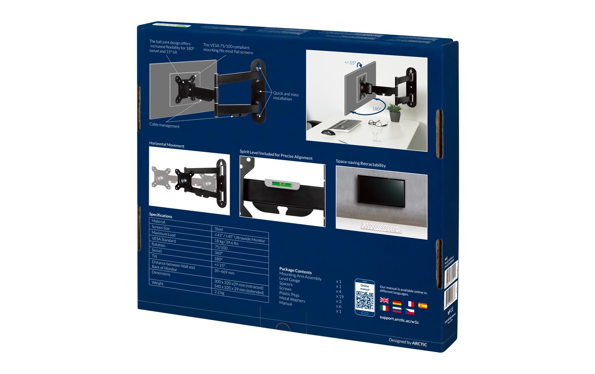 Arctic Cooling Wandhalter W1C bis 18 kg – Schwarz