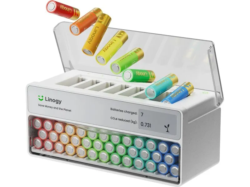Linogy Ladegerät AA AAA Ladegerät 8-Fach, mit Batterietester, Weiss
