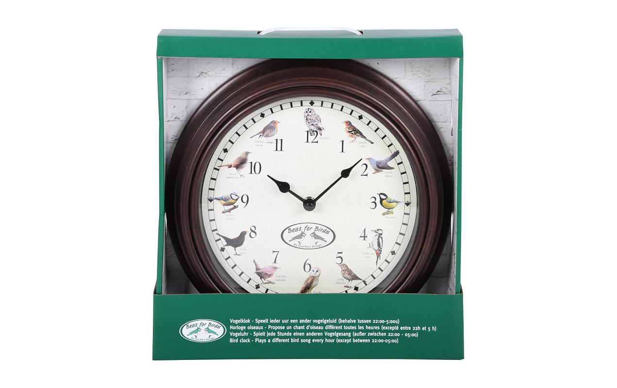 Esschert Design Wanduhr mit Vogelrufen Ø 30.1 cm, Braun/Weiss