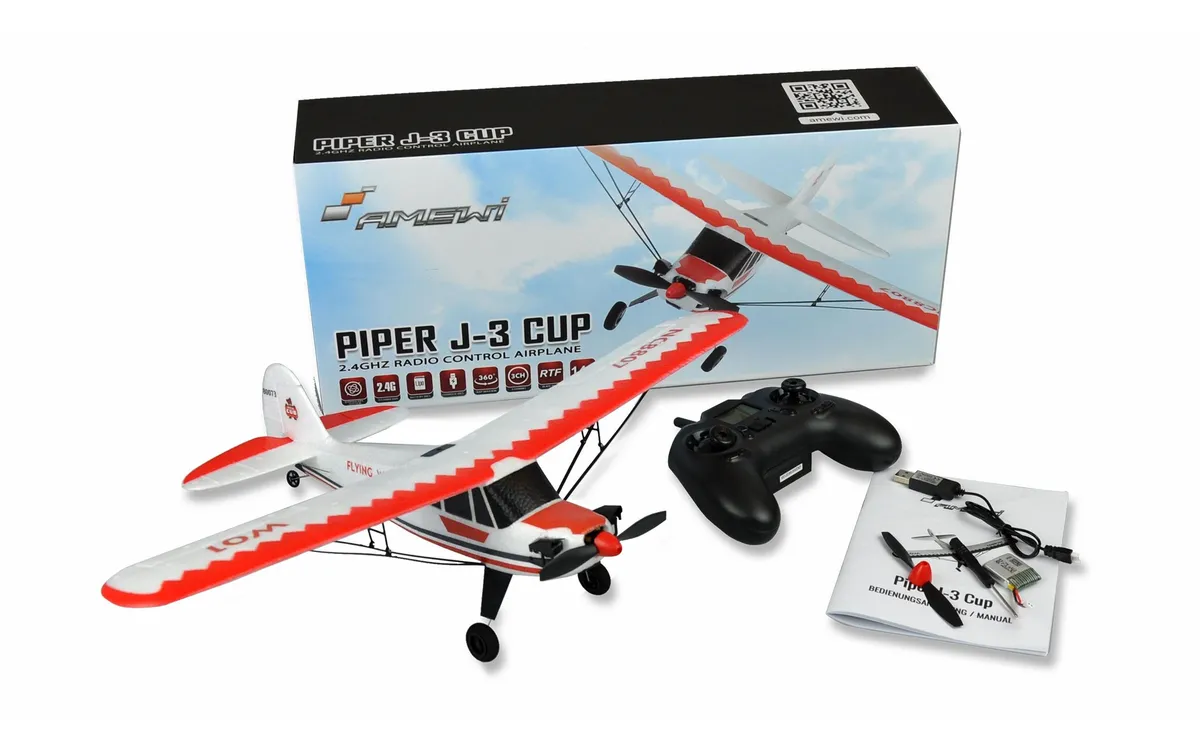 Amewi Motorflugzeug Piper J-3 Cub 505 mm, Rot/Weiss Gyro, RTF