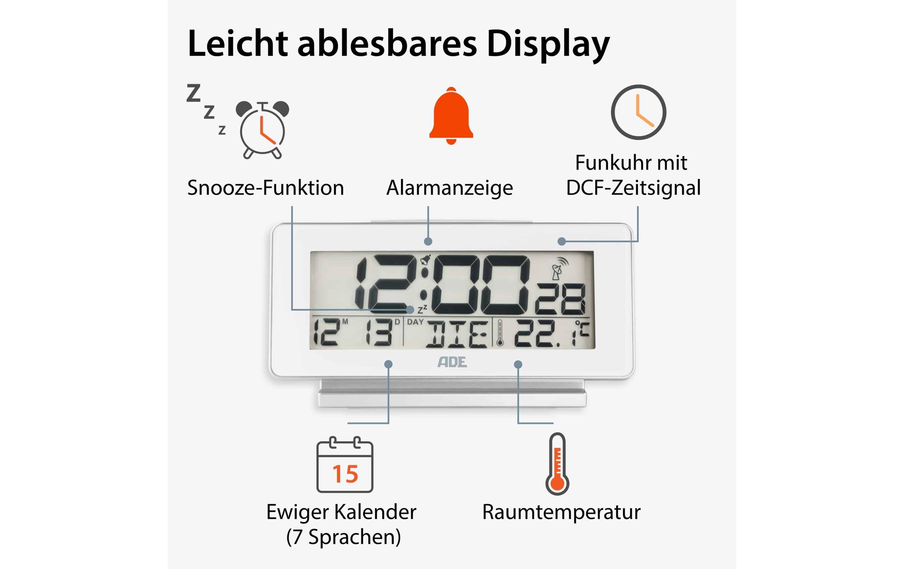ADE Funkwecker mit Temperatur und Datumsanzeige, Weiss