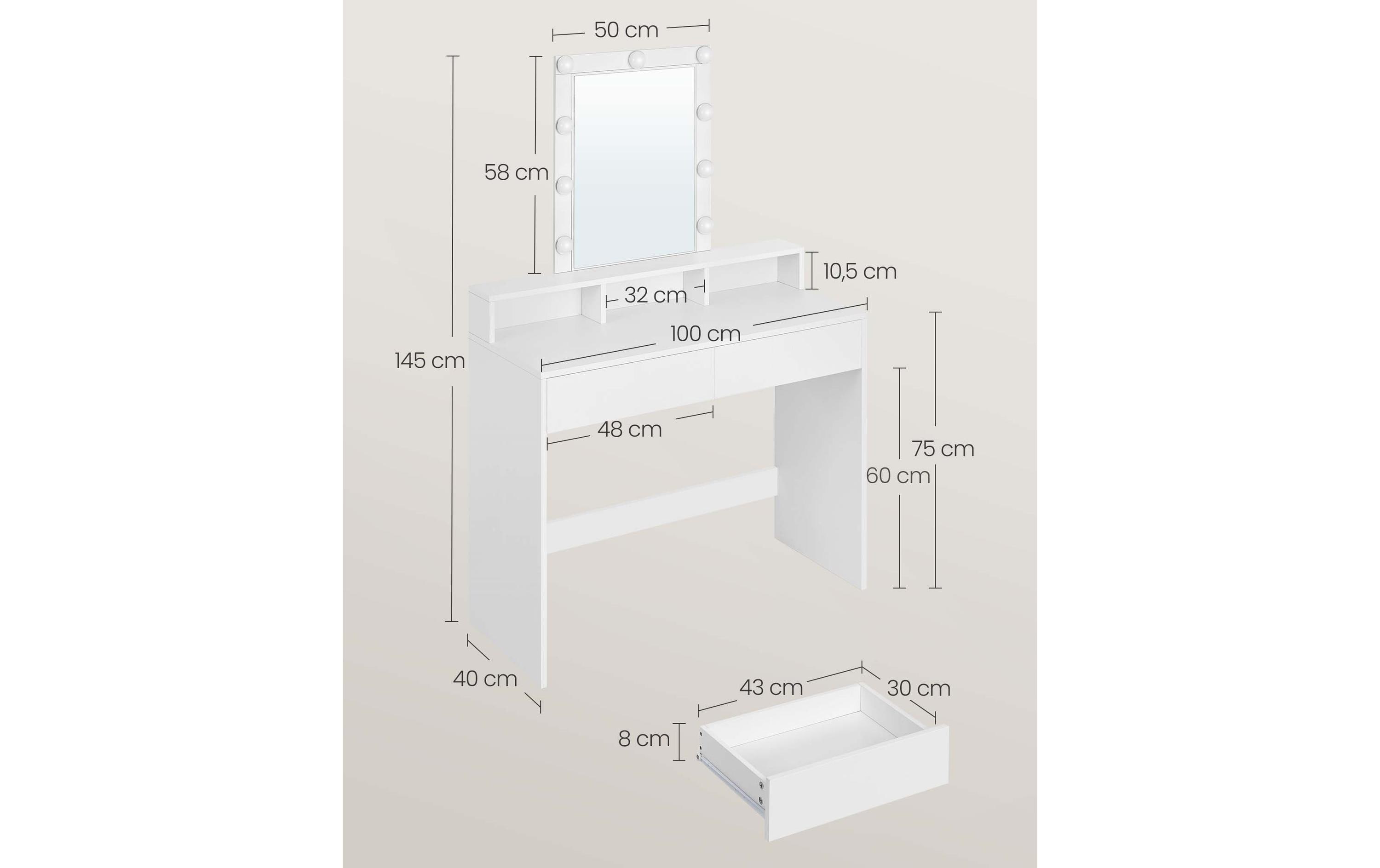 VASAGLE Schminktisch 100 x 40 x 145 cm, Weiss VASAGLE Schminktisch 100 x 40 x 145 cm, Weiss