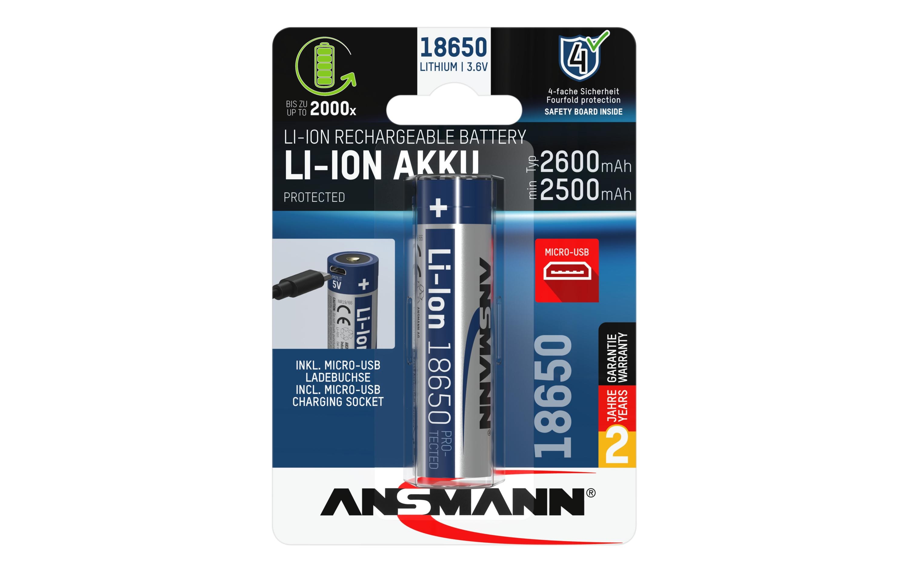 Ansmann Akku 18650 Typ 2600 2500 mAh mit Micro-USB Ladebuchse
