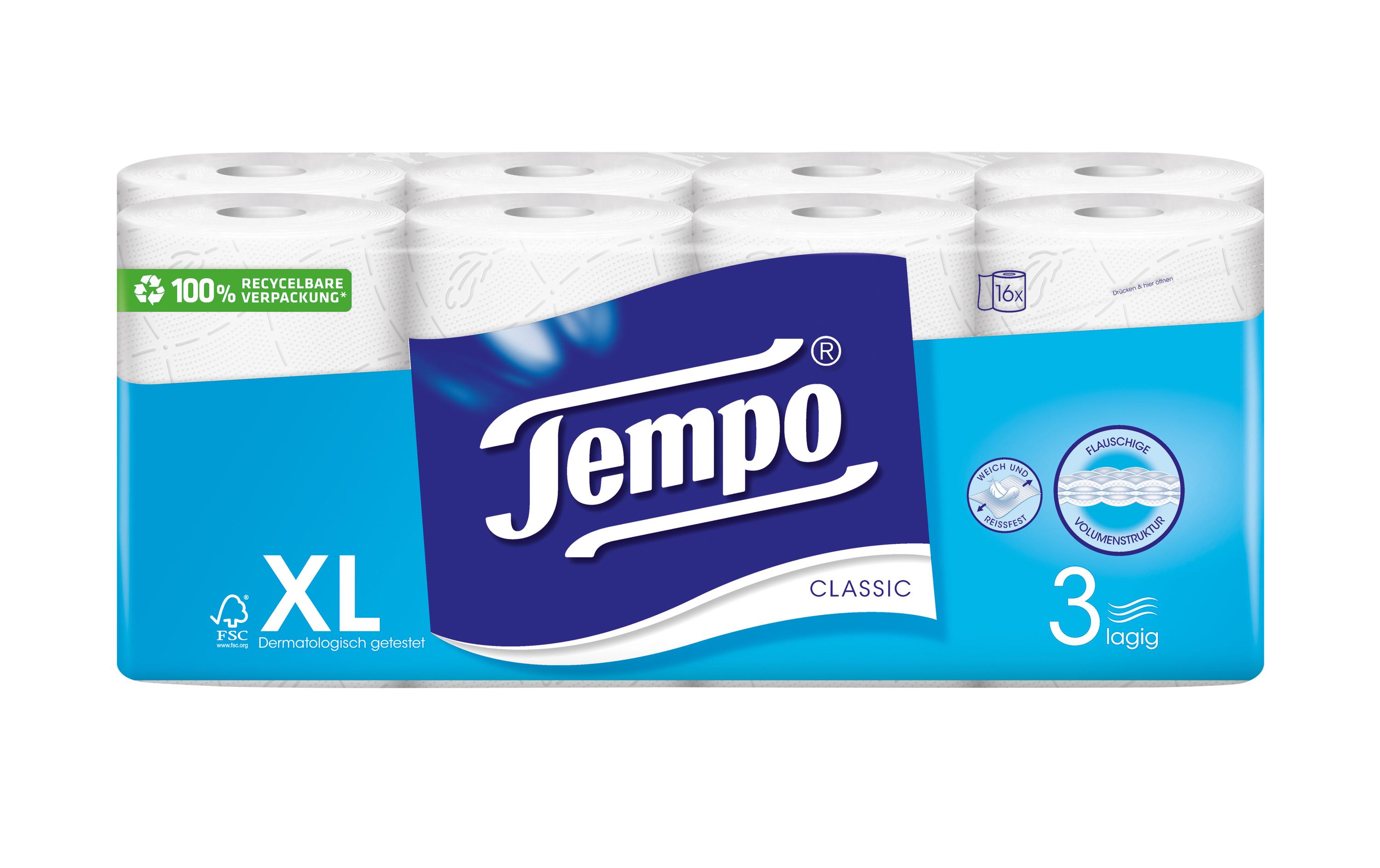 Tempo Toilettenpapier Classic 16 Rollen, 3-lagig, Weiss