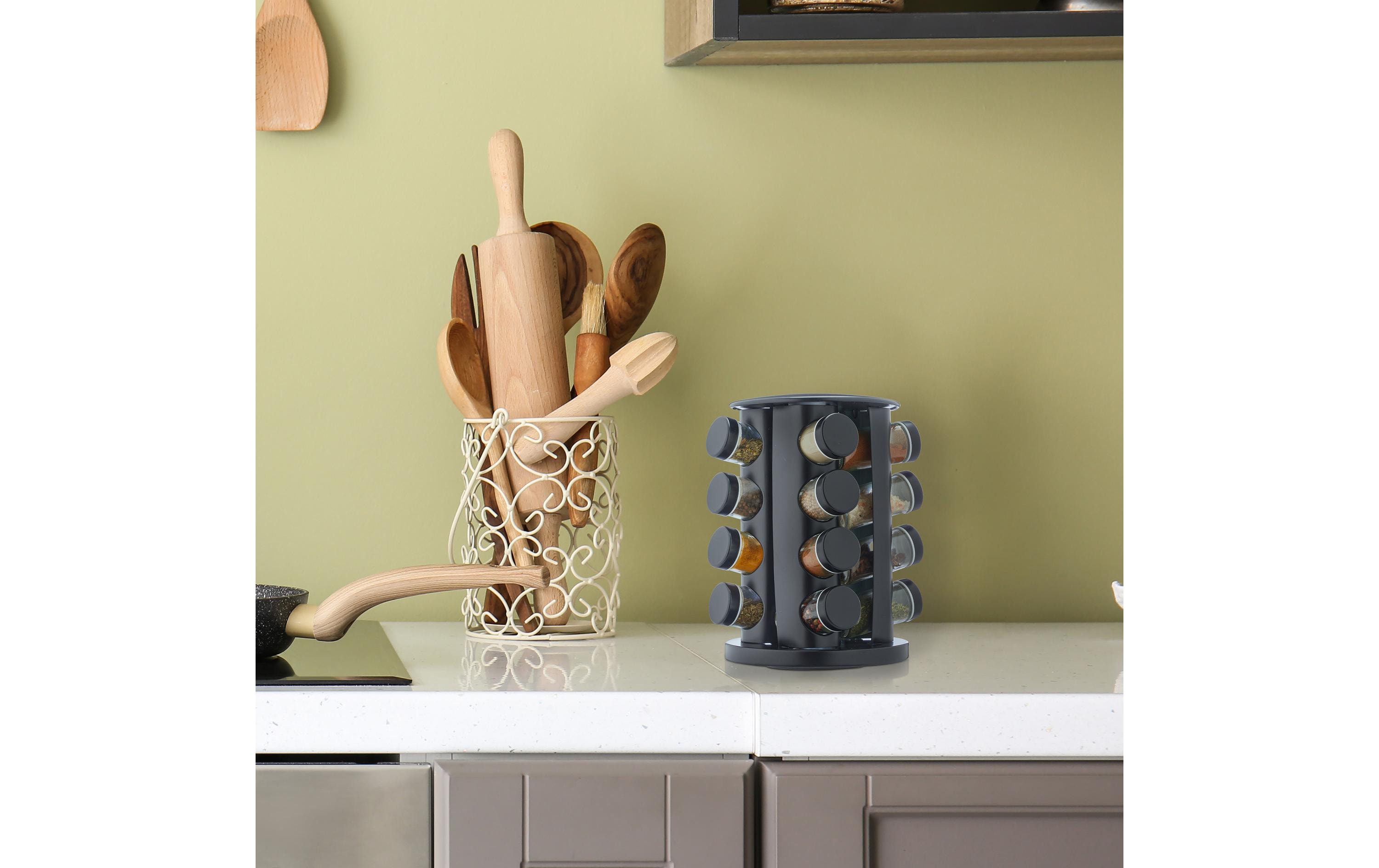 relaxdays Gewürzkarussell 16er Set Schwarz/Transparent