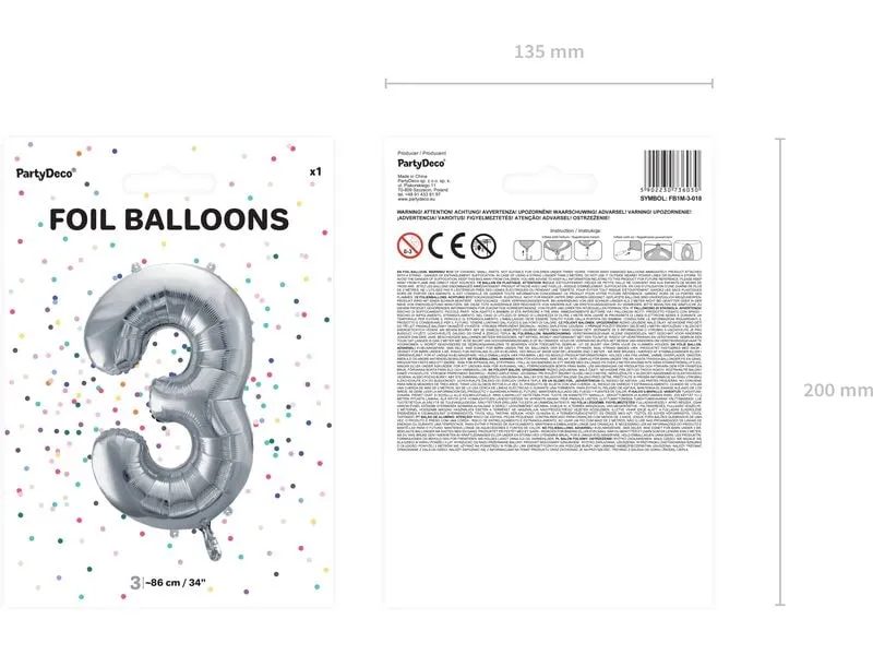 Partydeco Folienballon Zahl 3 gross 86 cm, silber, 1 Stück