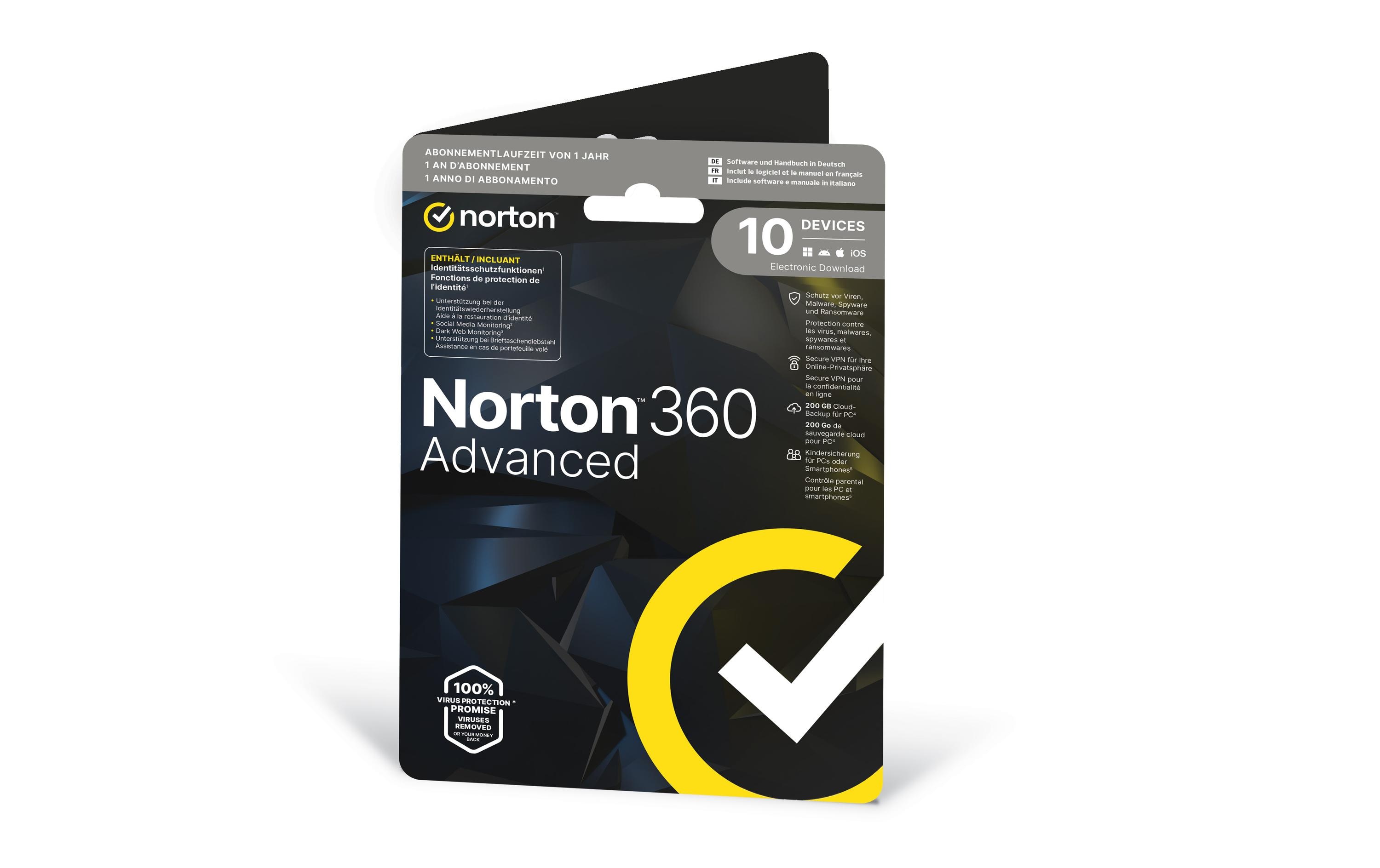Norton 360 Advanced Sleeve, 10 Device, 1 Jahr, 200GB Cloud Speicher Norton 360 Advanced Sleeve, 10 Device, 1 Jahr, 200GB Cloud Speicher