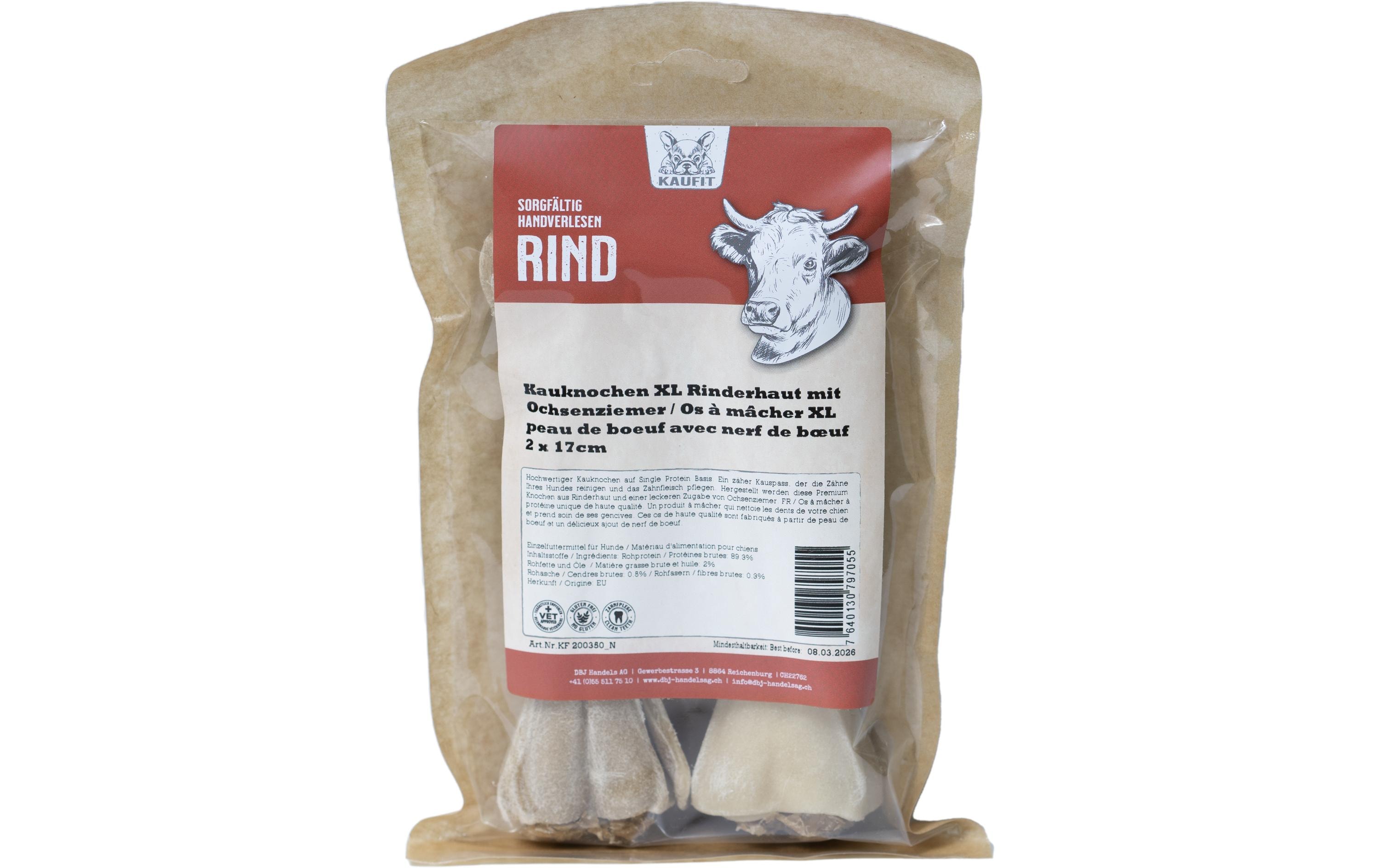 Kaufit Kauknochen Rind mit Ochsenziemer, 17 cm, 265 g, 2 Stück,