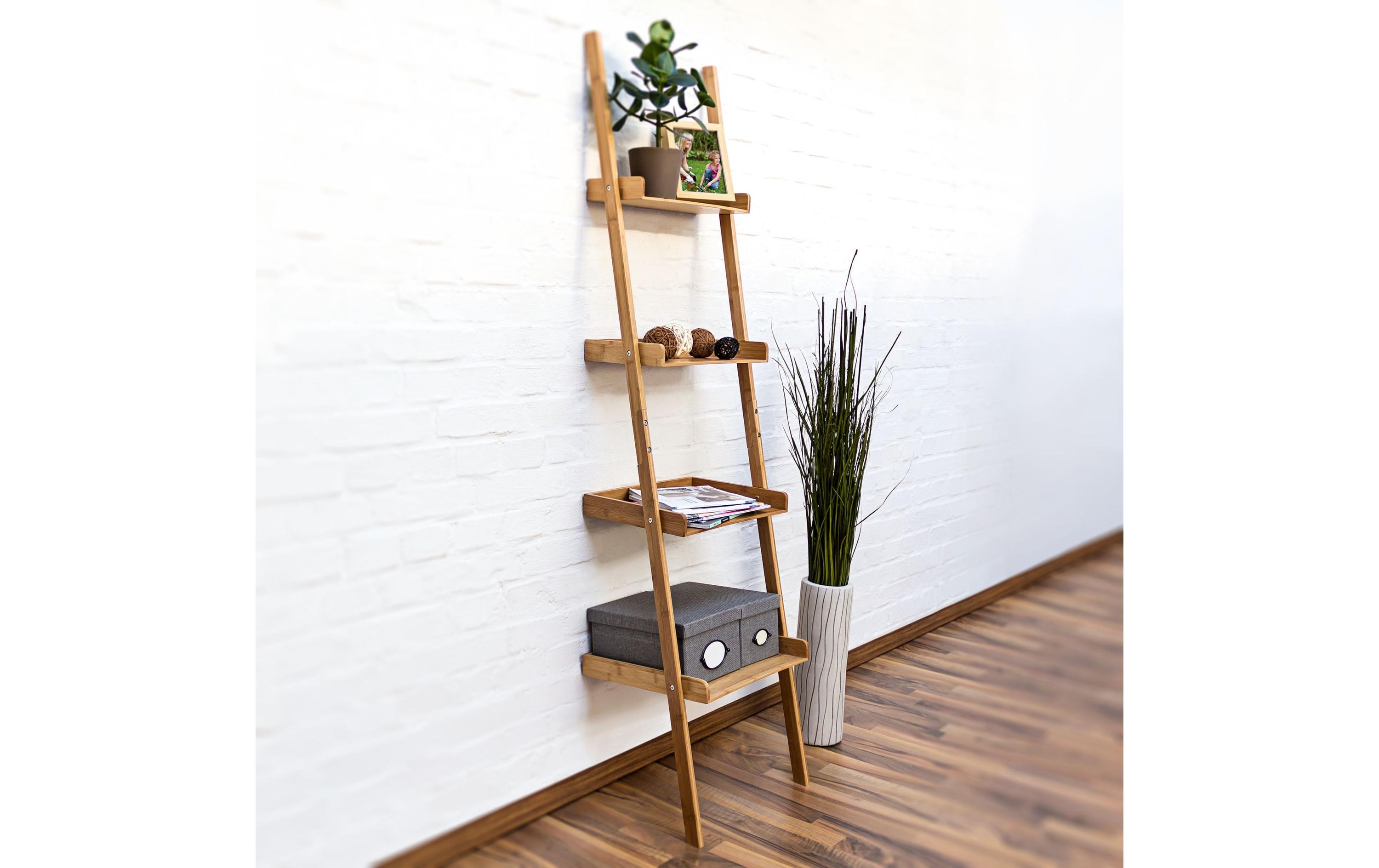 relaxdays Leiter mit 4 Ablagen 176 x 44 x 37 cm, Nature
