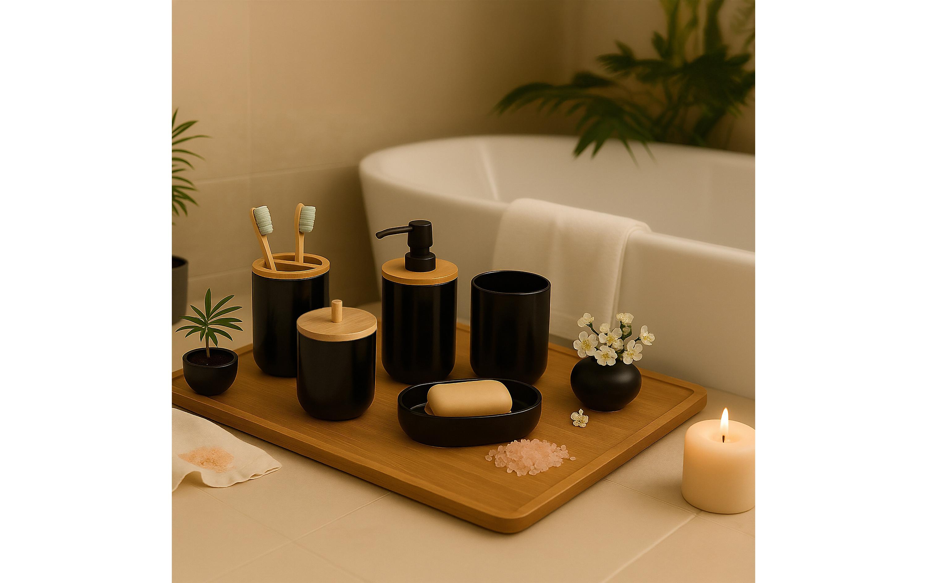 relaxdays Badezimmer-Set 7-teilig, Schwarz