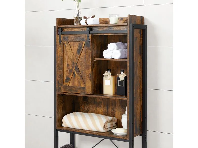 VASAGLE Badezimmerregal mit Schrank 64 x 24 x 171 cm, Braun/Schwarz VASAGLE Badezimmerregal mit Schrank 64 x 24 x 171 cm, Braun/Schwarz