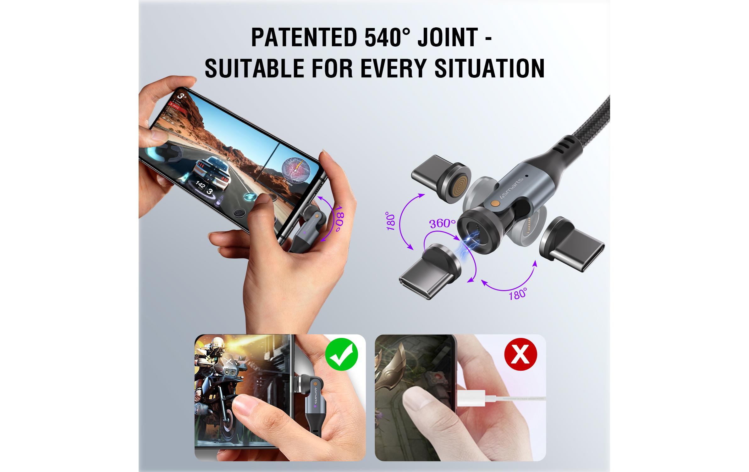 4smarts USB-C 540° Magnetkabel-Set GravityCord 240 W, 1.8 m, Schwarz