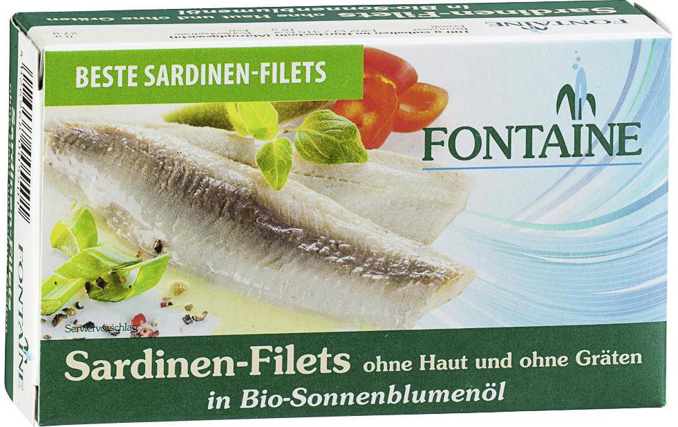 Fontaine Konserven Sardinen-Filets in Sonnenblumenöl 120 g Fontaine Konserven Sardinen-Filets in Sonnenblumenöl 120 g
