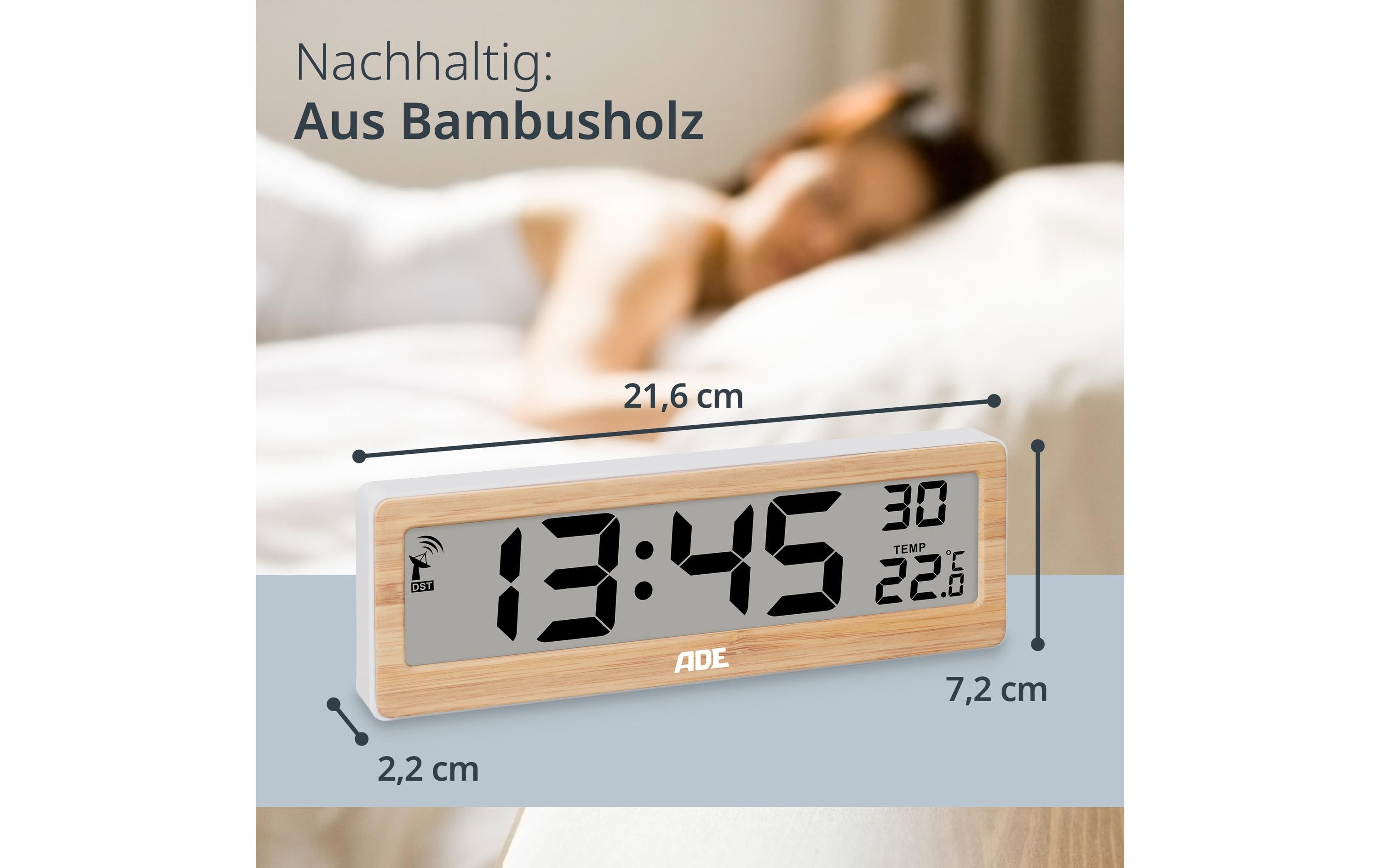 ADE Funkuhr DCF mit XXL-Ziffern digital Bambus-Weiss