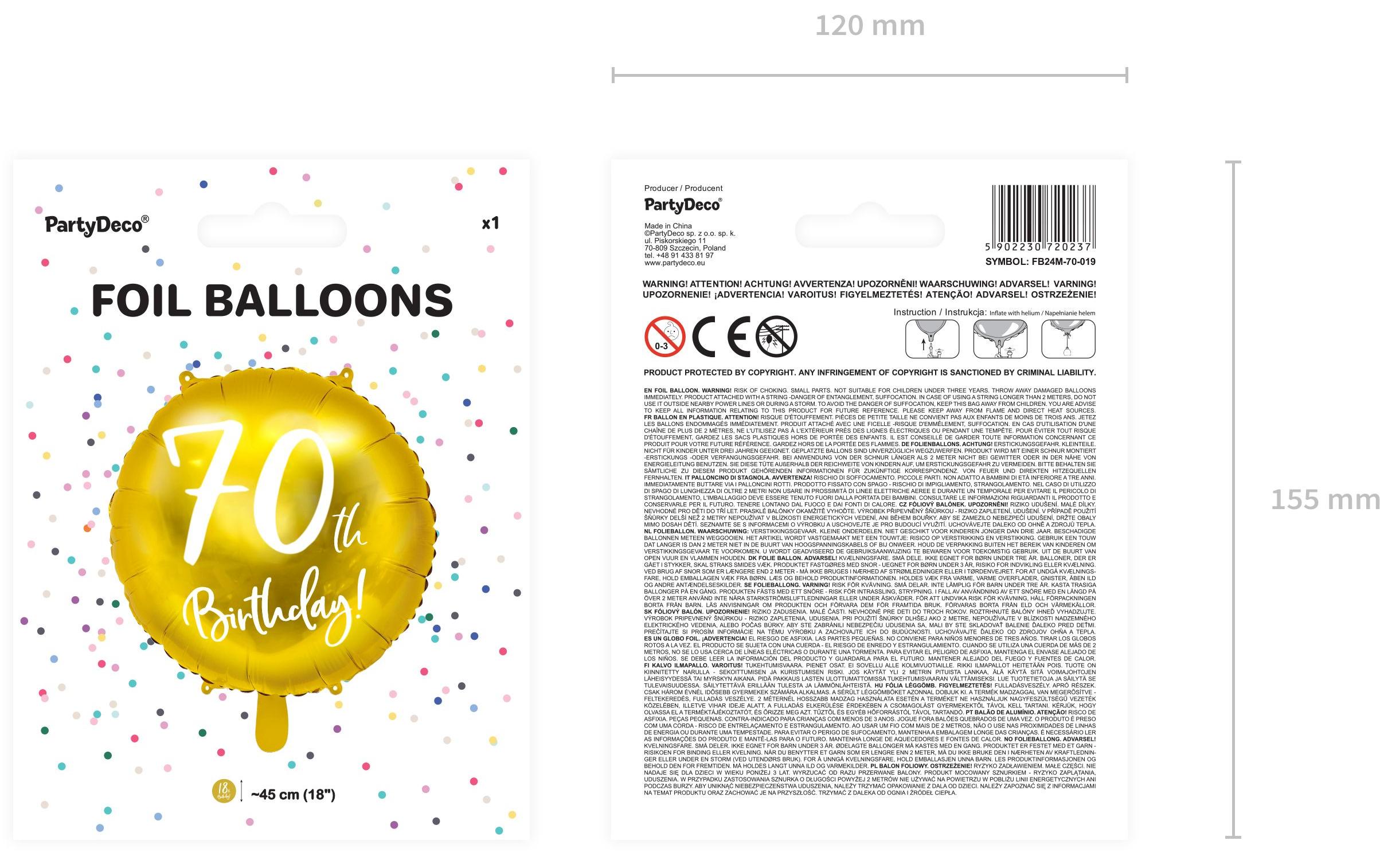 Partydeco Folienballon 70th Birthday Gold/Weiss