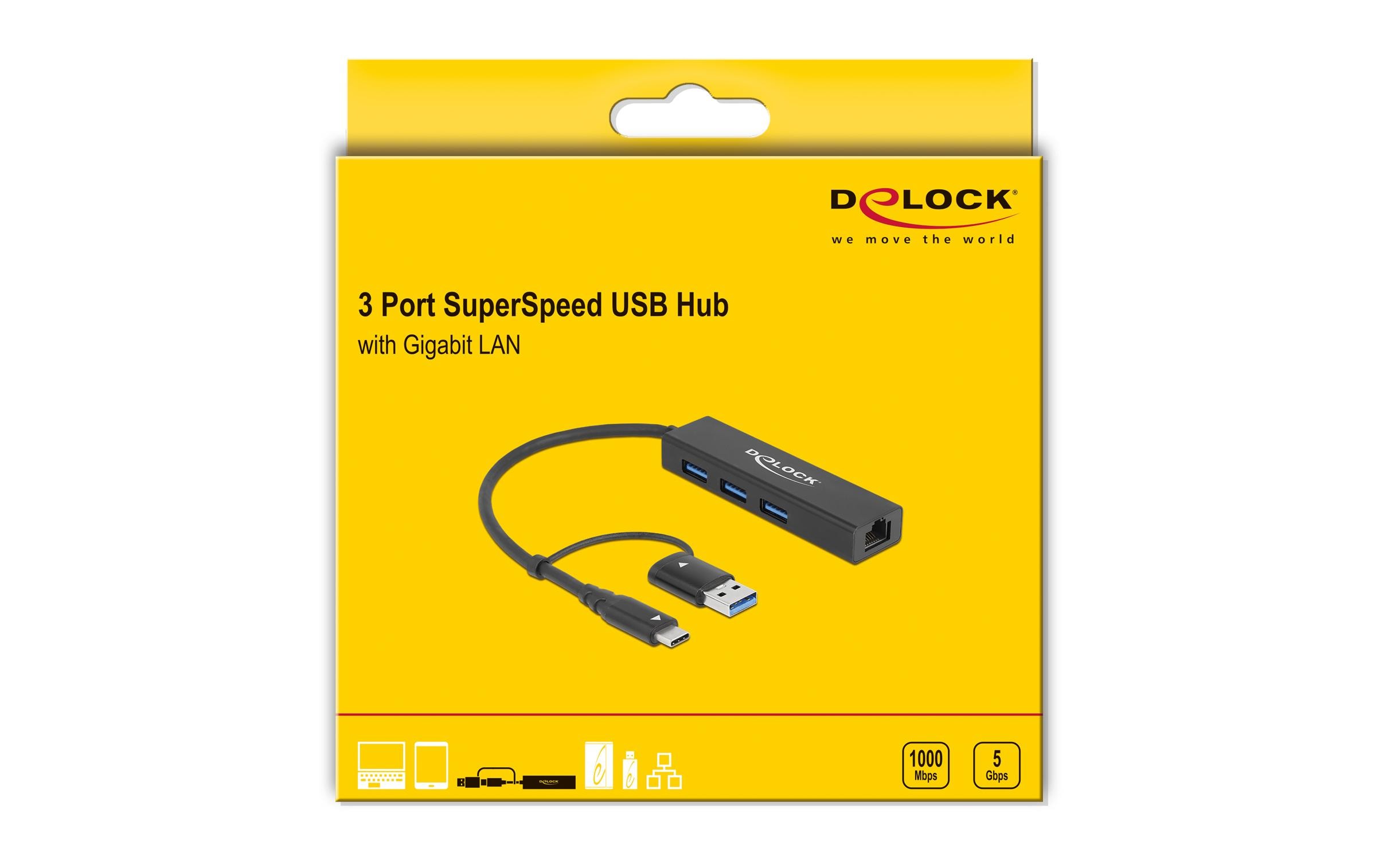 Delock USB-Hub 3.0 Typ-C + LAN