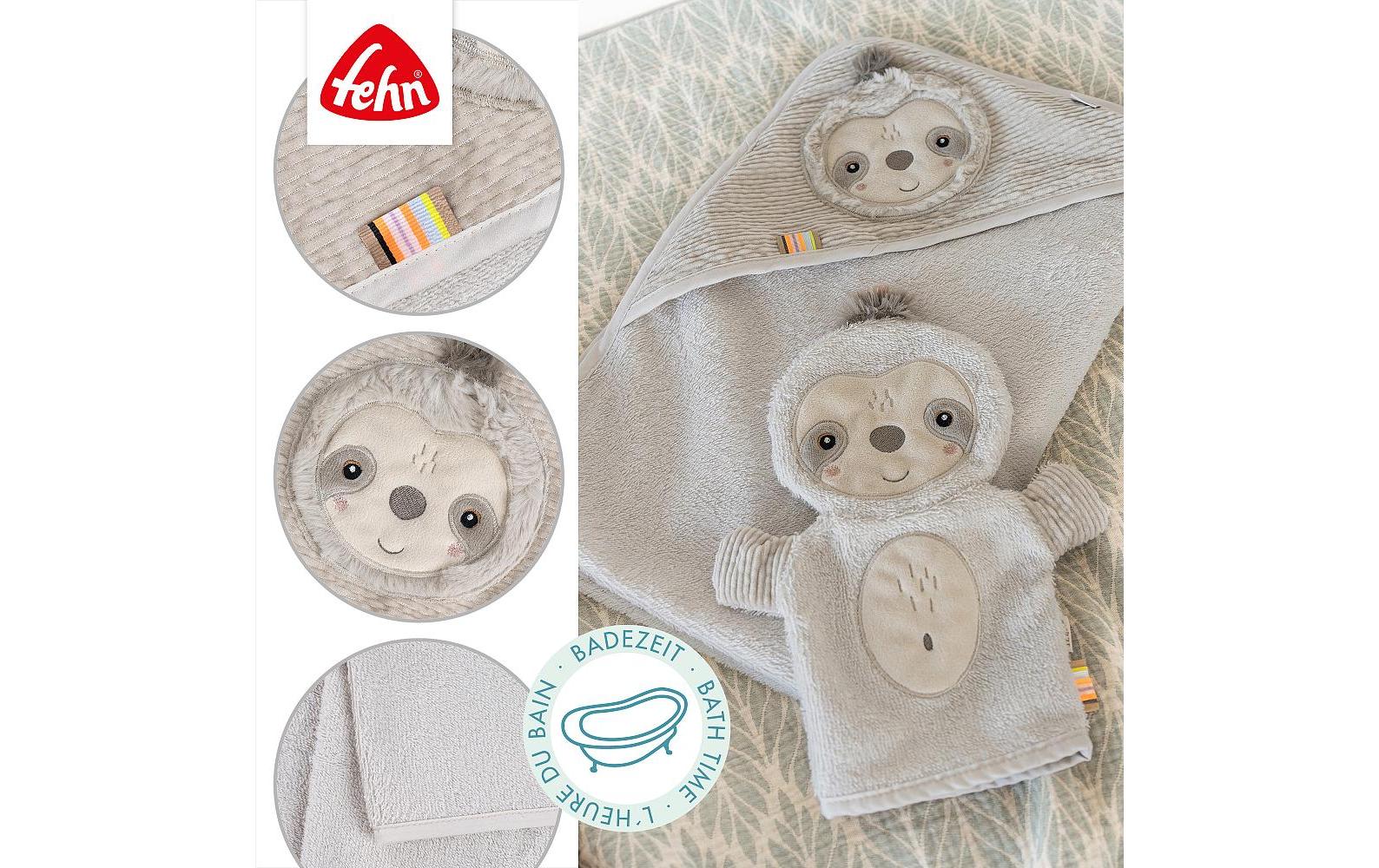 fehn Kapuzenbadetuch Faultier Grau/Beige