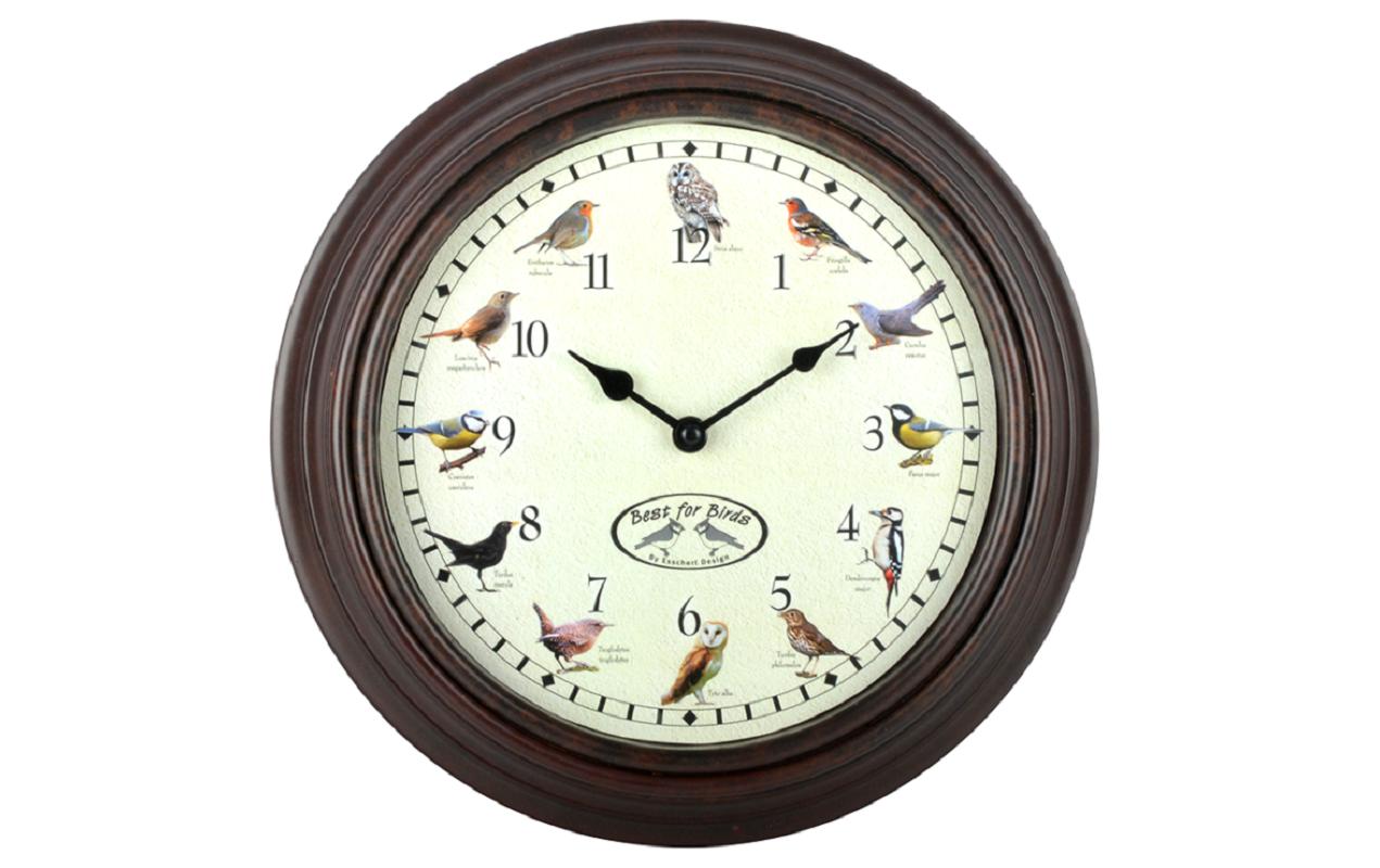 Esschert Design Wanduhr mit Vogelrufen Ø 30.1 cm, Braun/Weiss