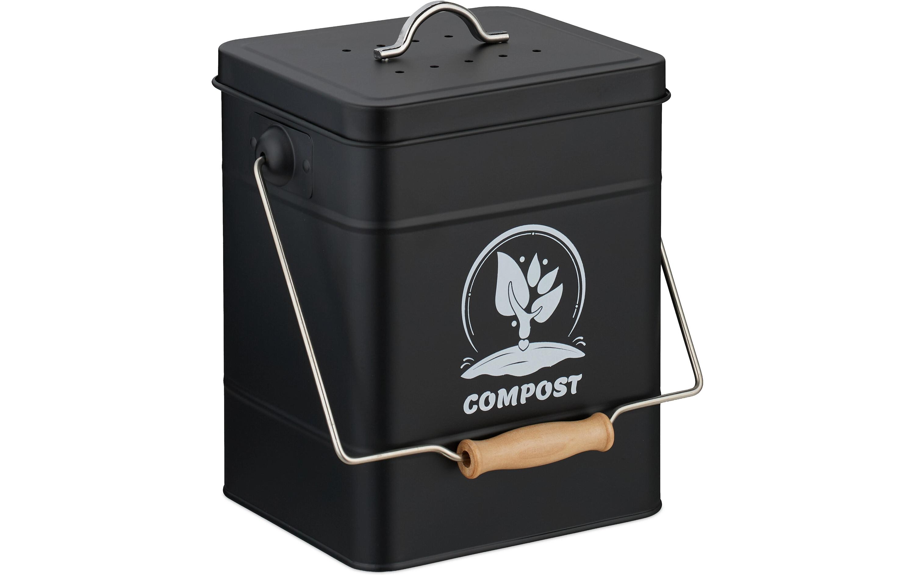 relaxdays Komposteimer mit Geruchsfilter, 6 l, Schwarz/Silber
