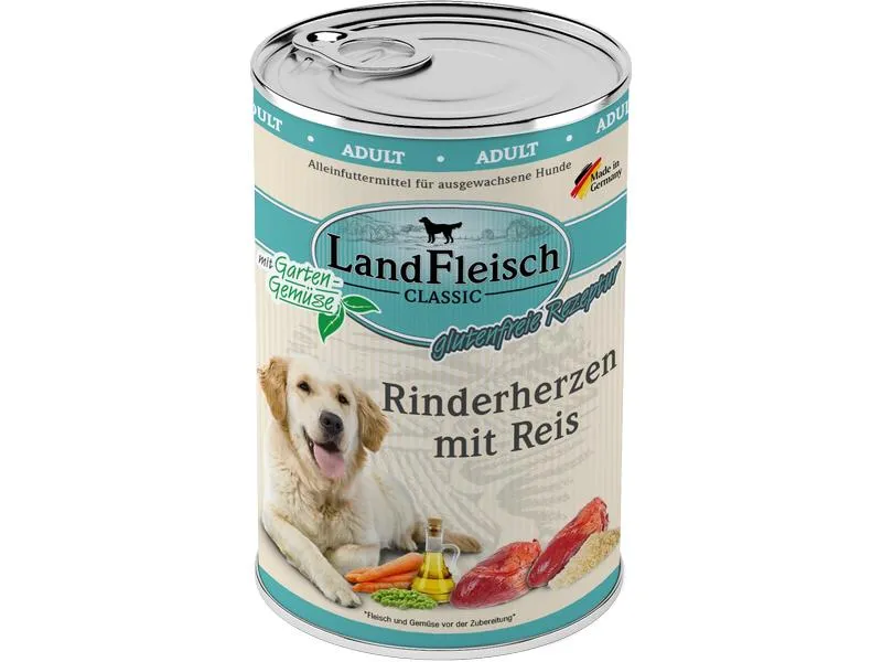 LandFleisch Nassfutter Classic Rinderherzen mit Reis, 400 g