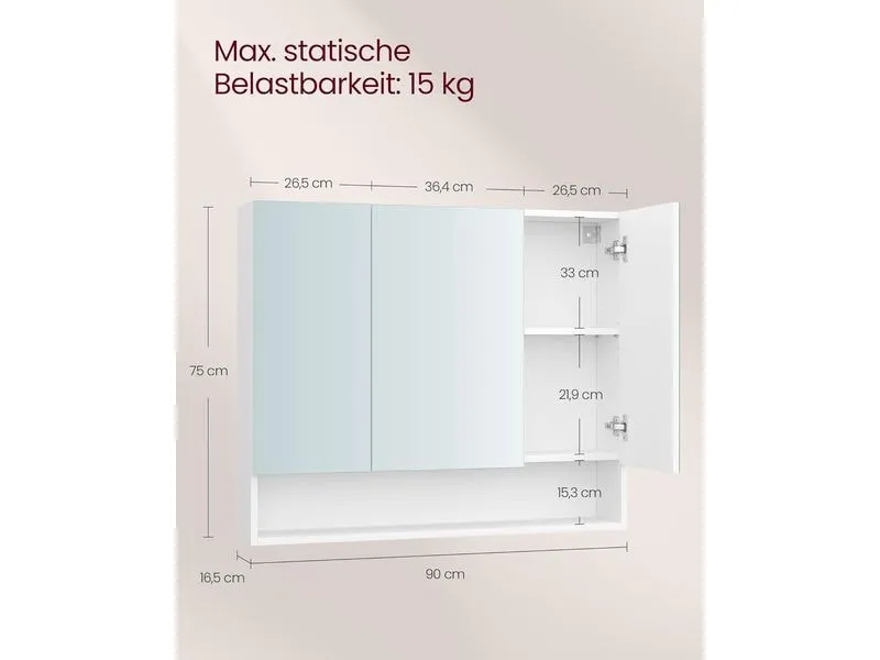 VASAGLE Spiegelschrank Weiss, 90 x 16.5 x 75 cm