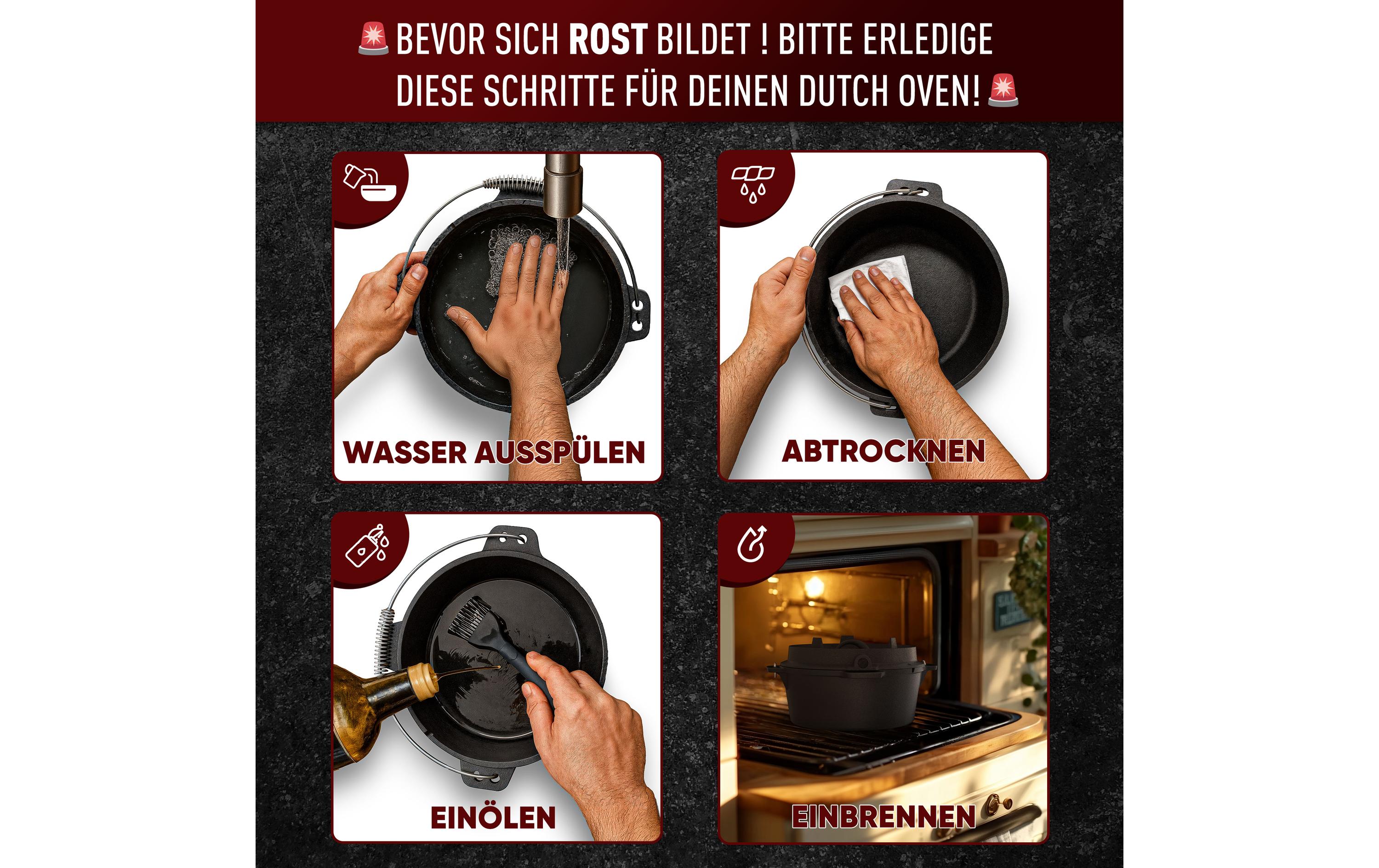 Gusskoenig Dutch Oven Set 9 l mit Heber, Bürste, Untersetzer