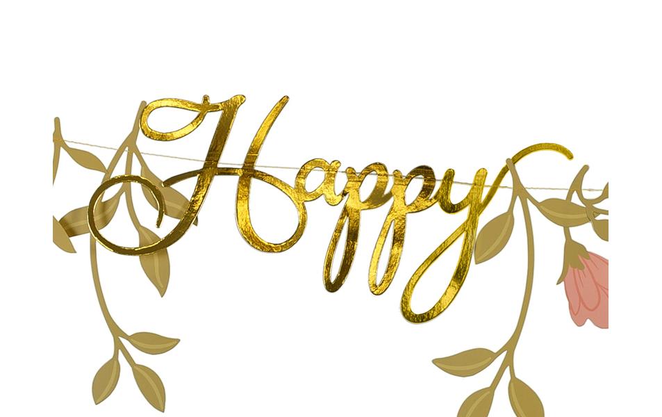 Partydeco Girlande Happy Birthday Blumen, Rosa/Gold, 1.3 m