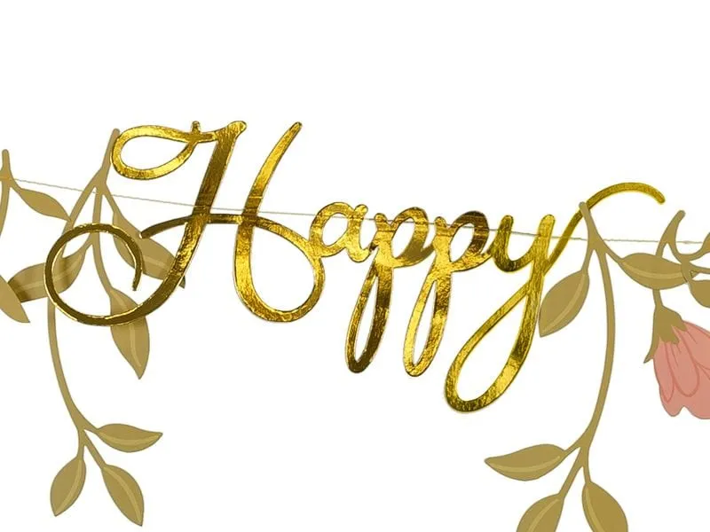 Partydeco Girlande Happy Birthday Blumen, Rosa/Gold, 1.3 m