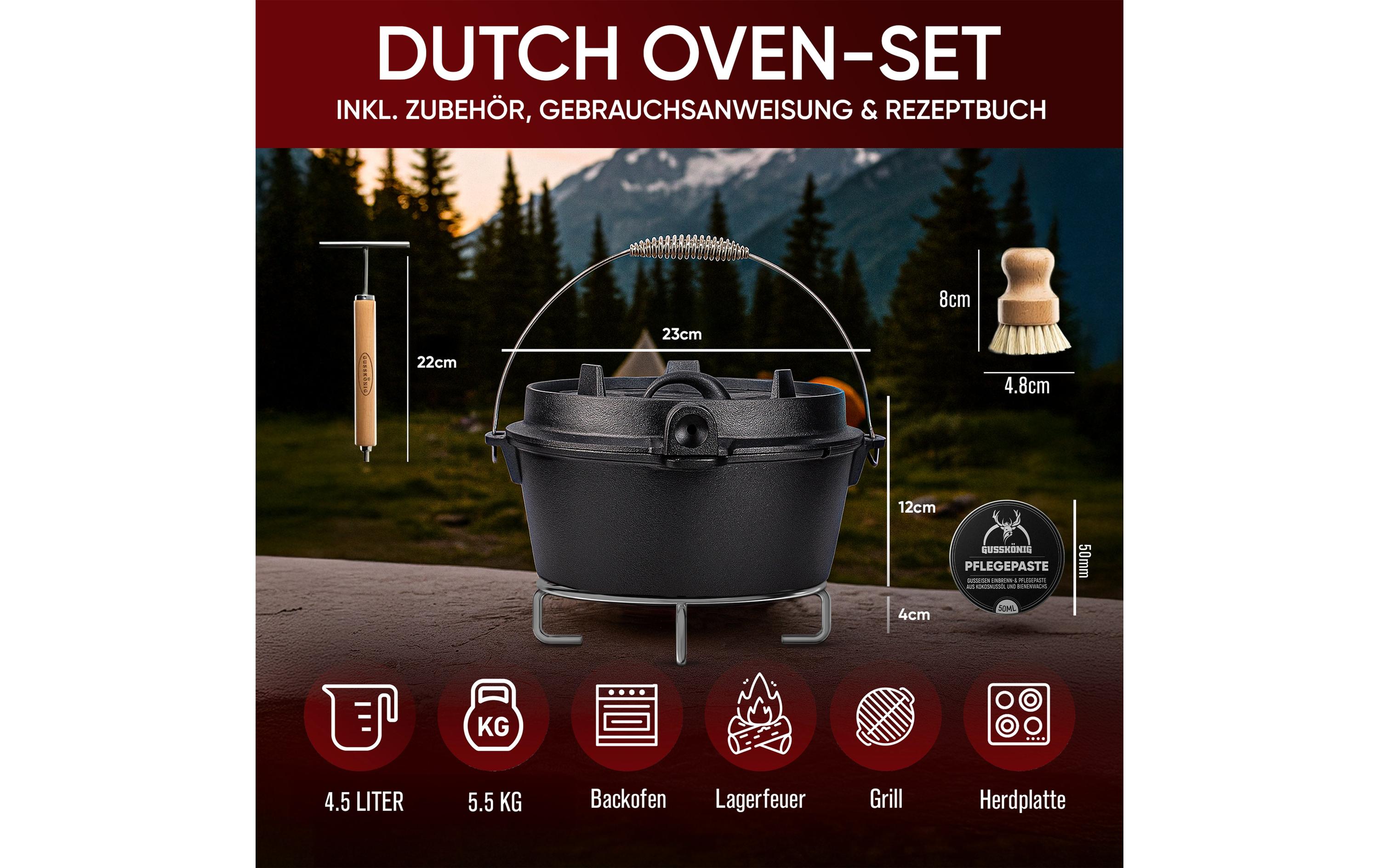 Gusskoenig Dutch Oven Set 4.5 l mit 2in1 Deckelheber ohne Füsse