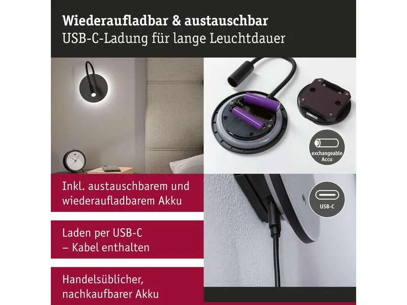 Paulmann LED Akkuwandleuchte Miora 2700K dimmbar Schwarz
