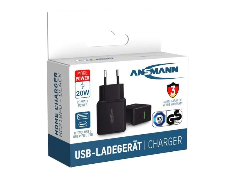 Ansmann USB-Wandladegerät Home Charger HC218PD, 18 W, Schwarz Ansmann USB-Wandladegerät Home Charger HC218PD, 18 W, Schwarz