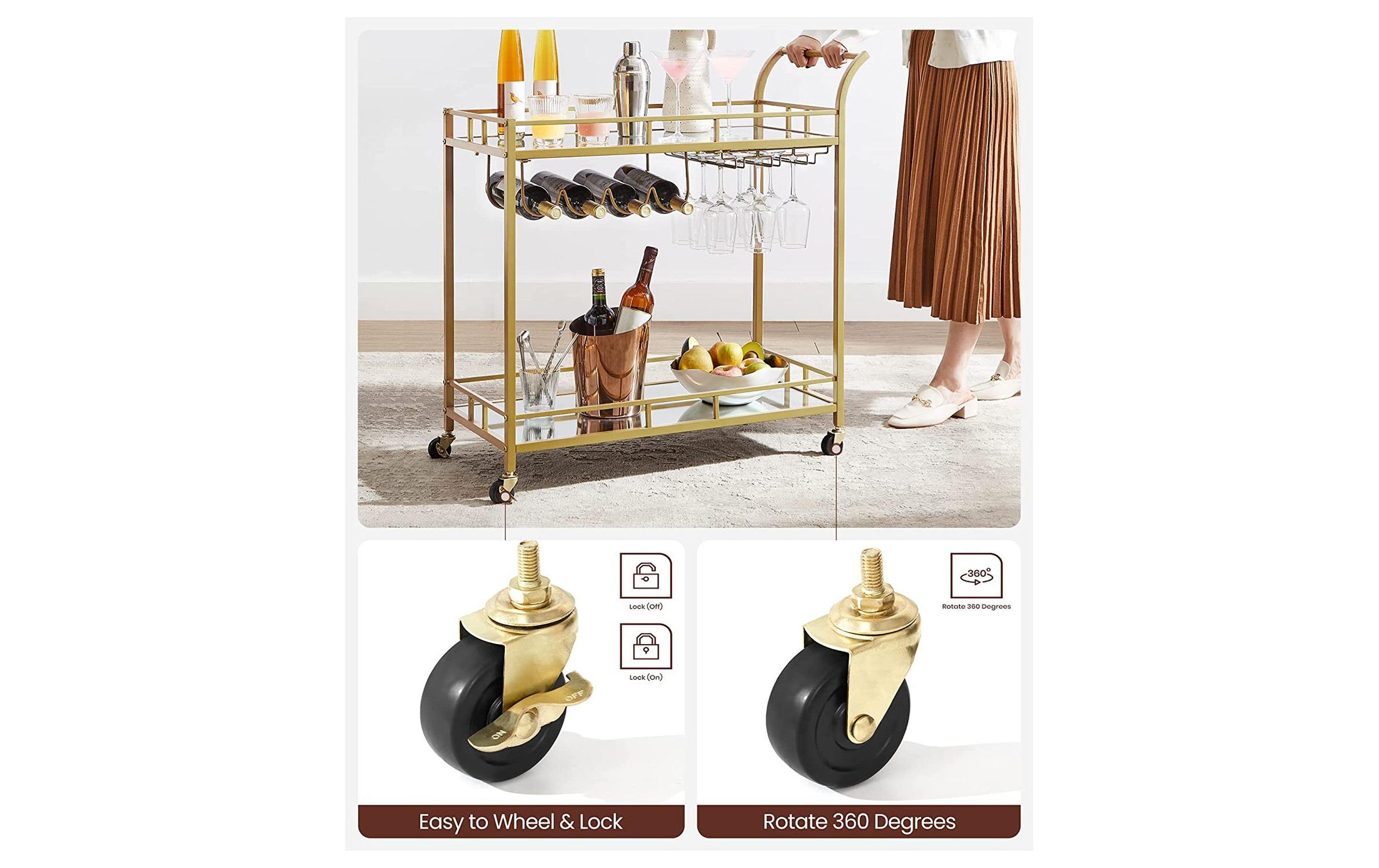 VASAGLE Servierwagen mit Glasplatten 38 x 77.5 cm, Gold