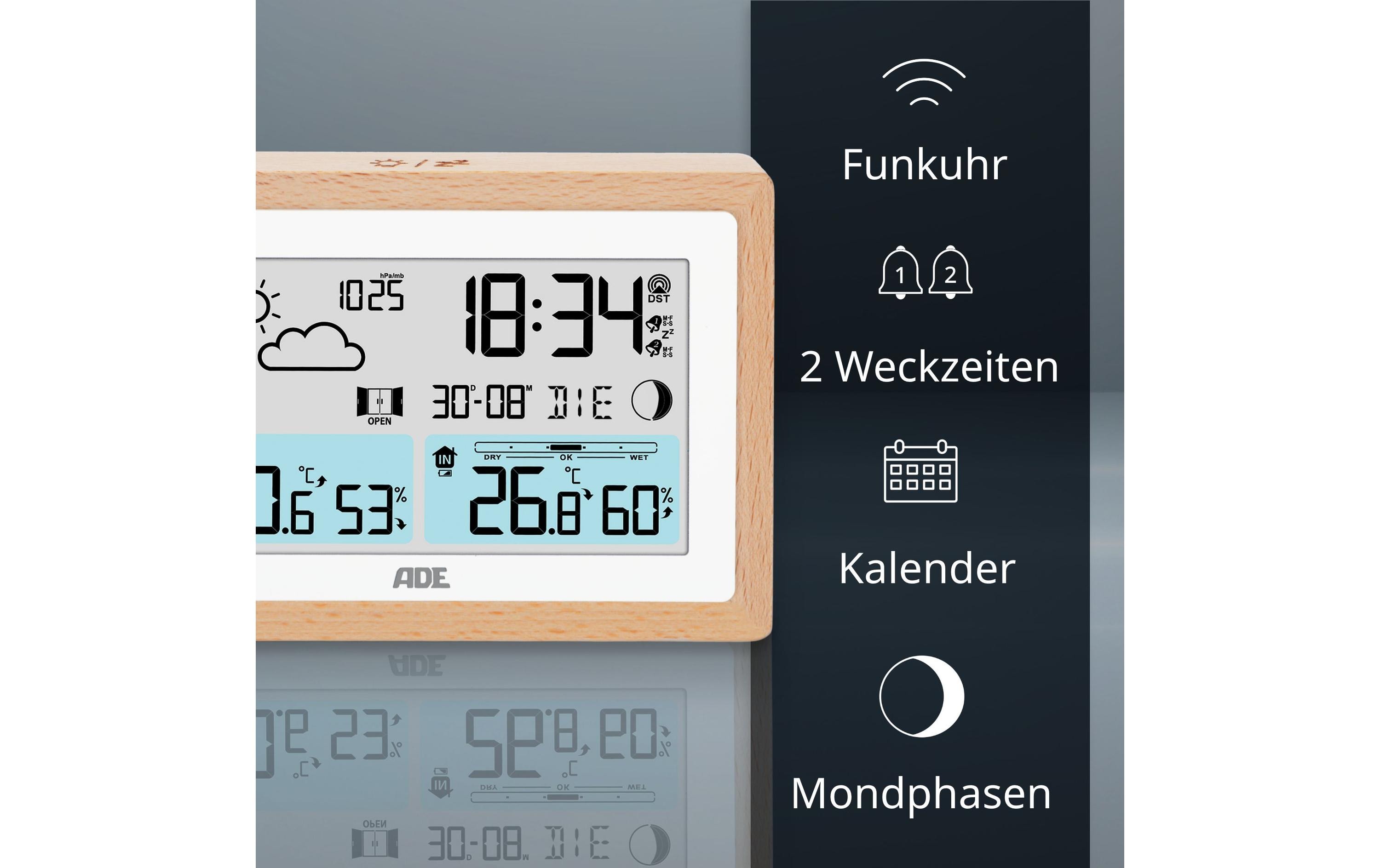 ADE Wetterstation mit Funk-Aussensensor Holz-Weiss
