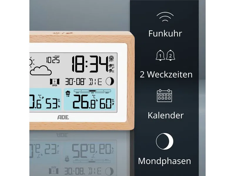 ADE Wetterstation mit Funk-Aussensensor Holz-Weiss ADE Wetterstation mit Funk-Aussensensor Holz-Weiss