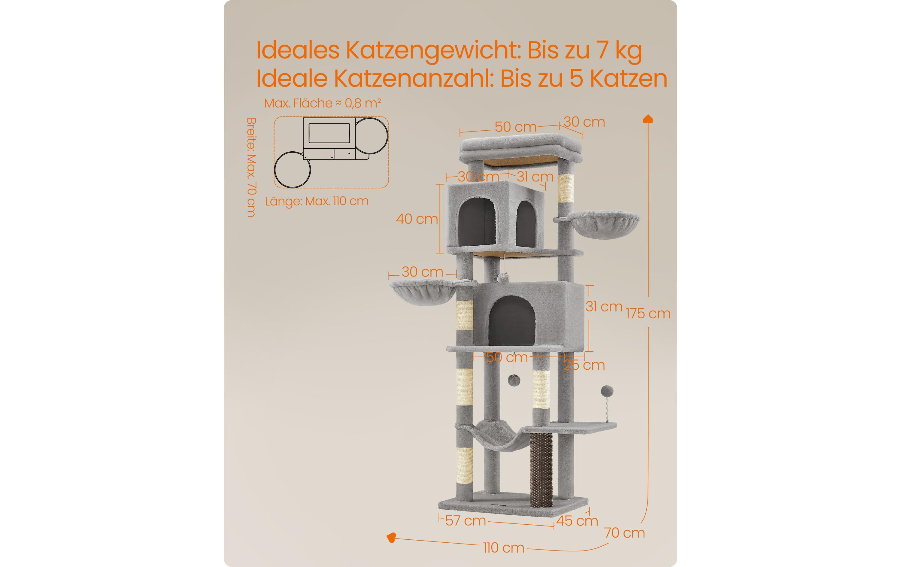 Feandrea Kratzbaum für Wohnungskatzen 178 cm, Taubengrau