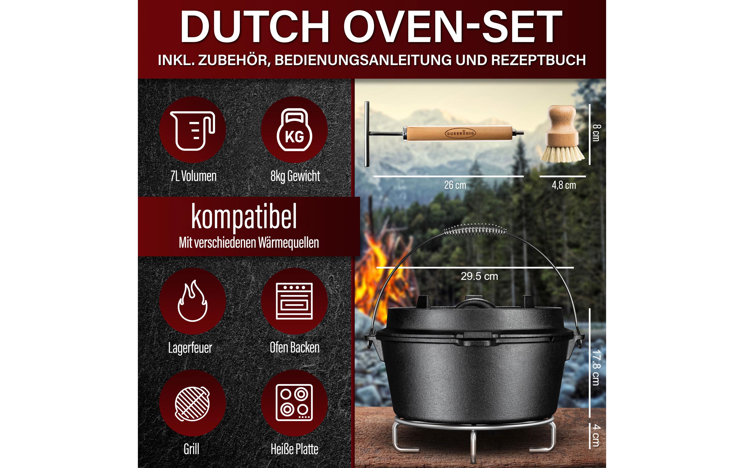 Gusskoenig Dutch Oven Set 9 l mit Heber, Bürste, Untersetzer