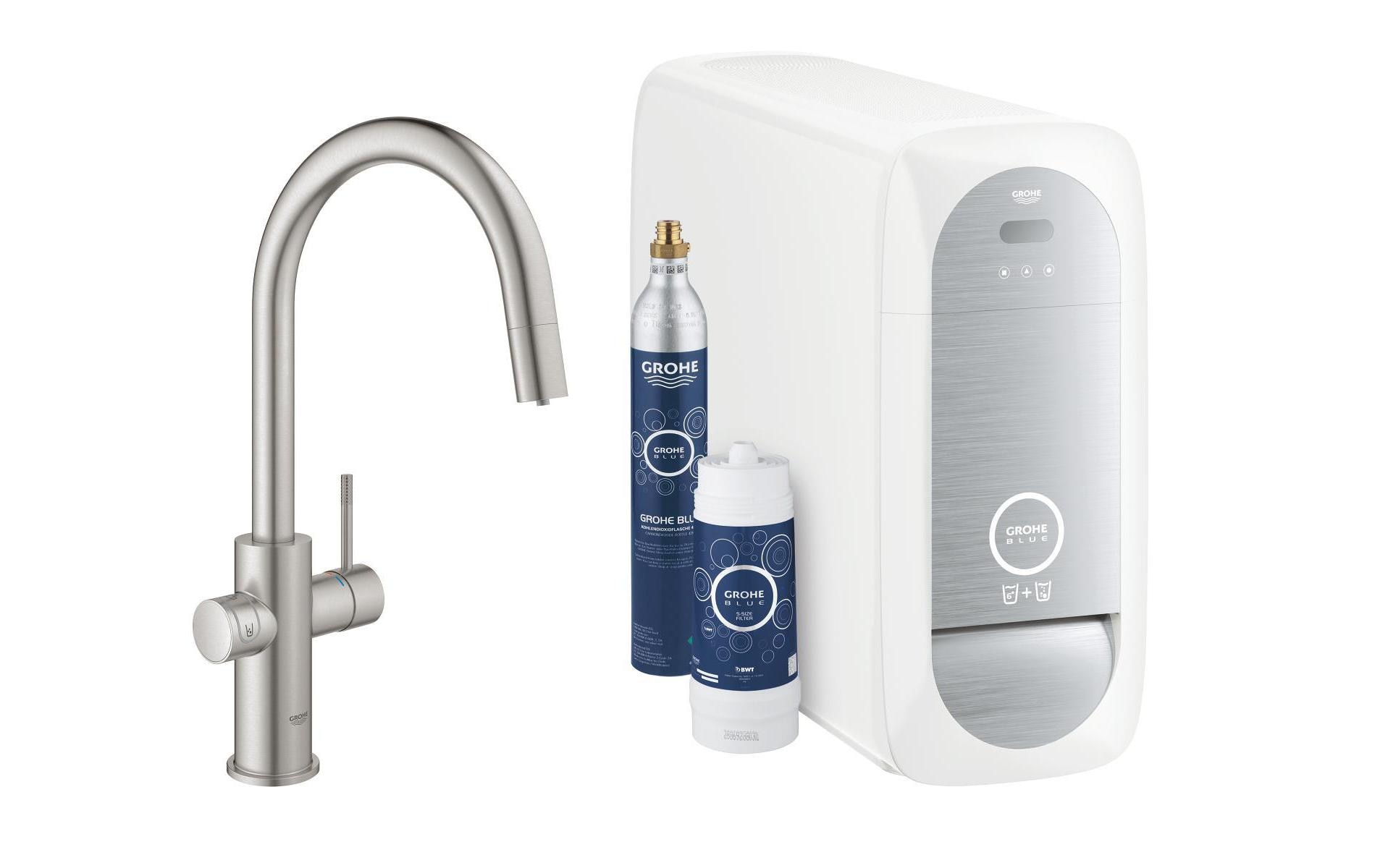 GROHE Küchenarmatur Blue Home C-Auslauf, Starter Kit, Supersteel