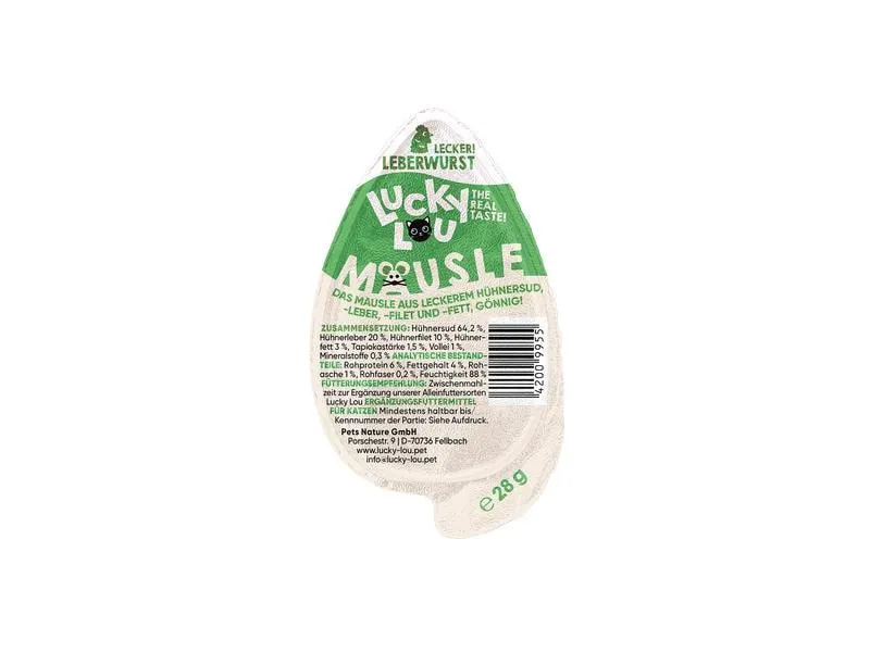 Lucky Lou Katzen-Nahrungsergänzung Mäusle Leberwurst, 28 g Lucky Lou Katzen-Nahrungsergänzung Mäusle Leberwurst, 28 g