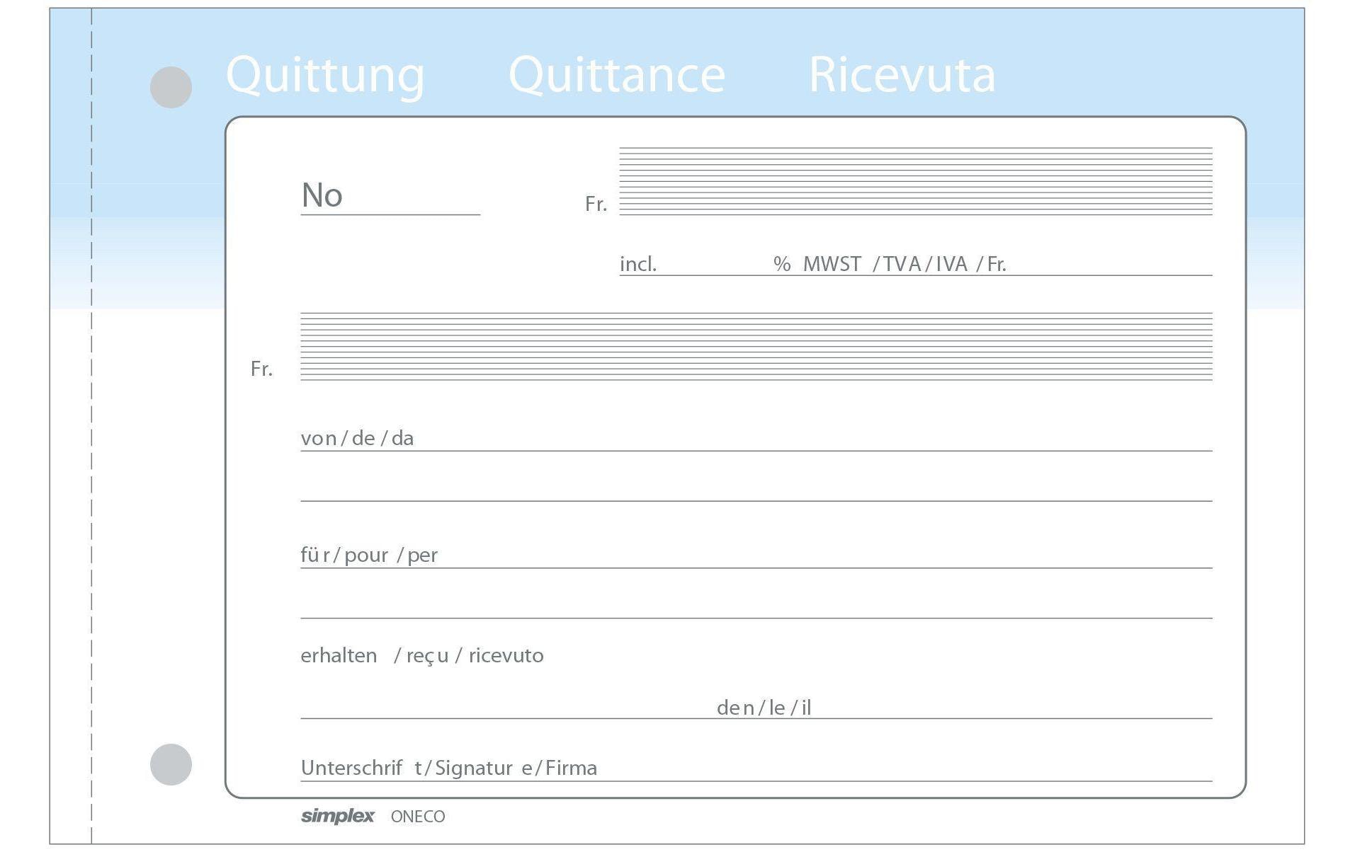 Simplex Durchschreibeblock Quittung D/F/I A6