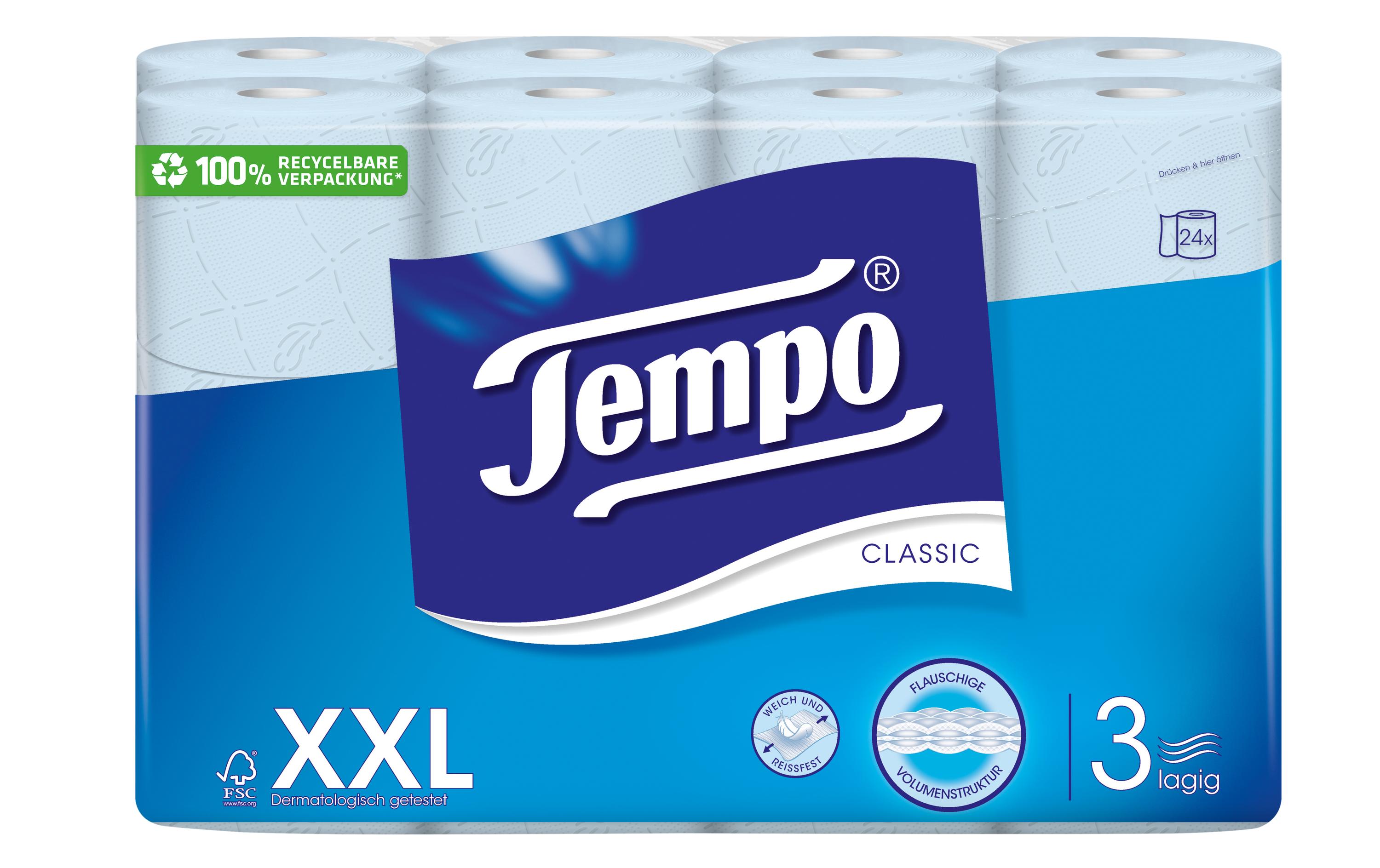 Tempo Toilettenpapier Classic Blau 24 Rollen, 3-lagig, Blau