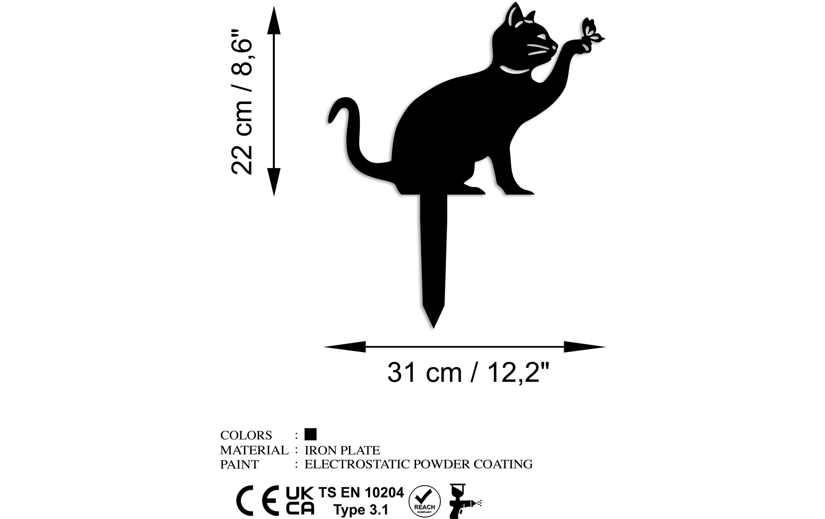 Wallxpert Gartenstecker Katze mit Schmeterling 36 x 31 cm