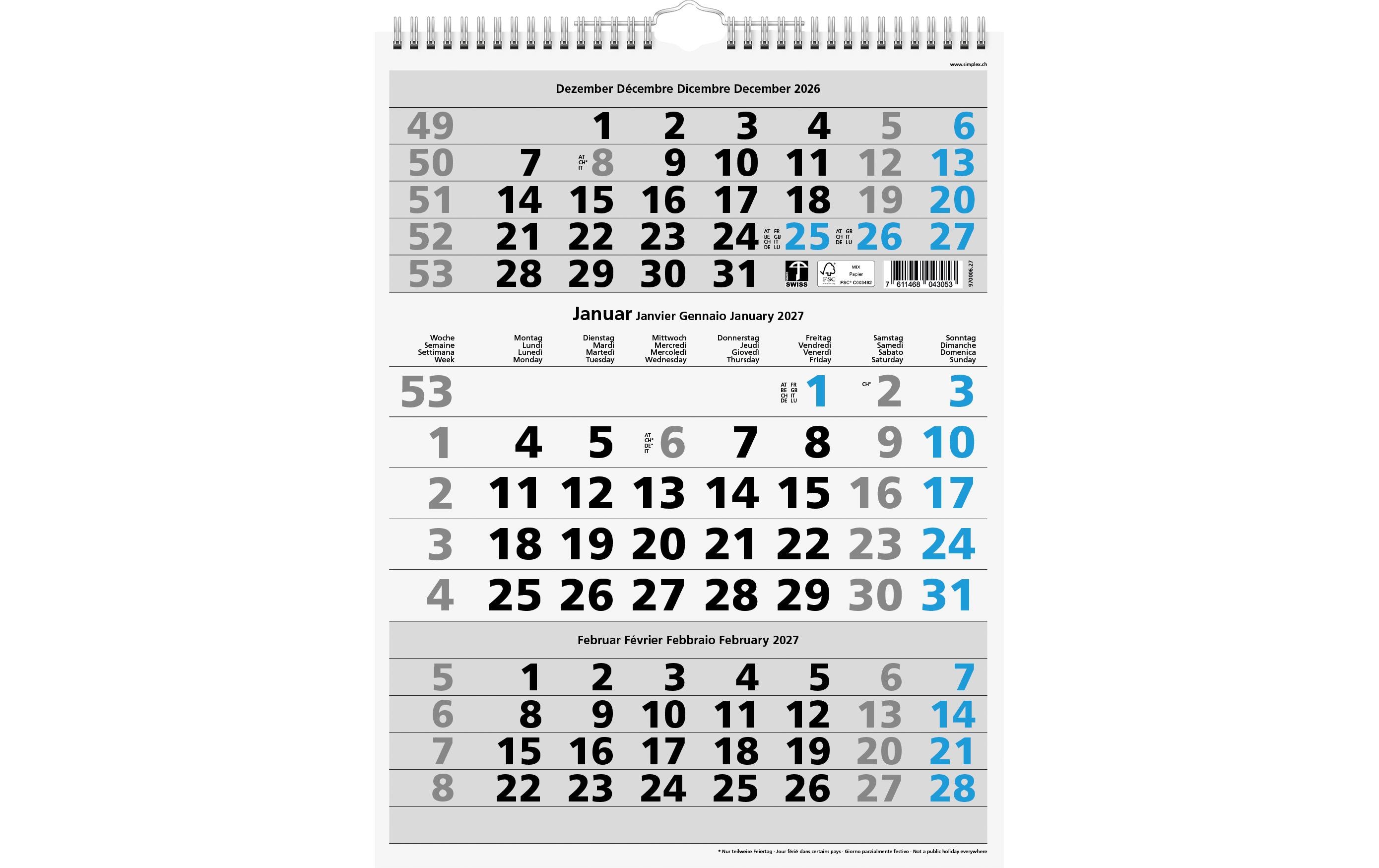 Simplex 3-Monatskalender 2027